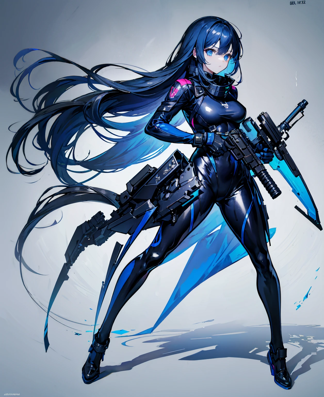 There is no background,girl,Carry a firearm,Patent leather tight suit,Use of firearms,Navy blue long hair,attention arousal,Blue colored eyes,No gradients