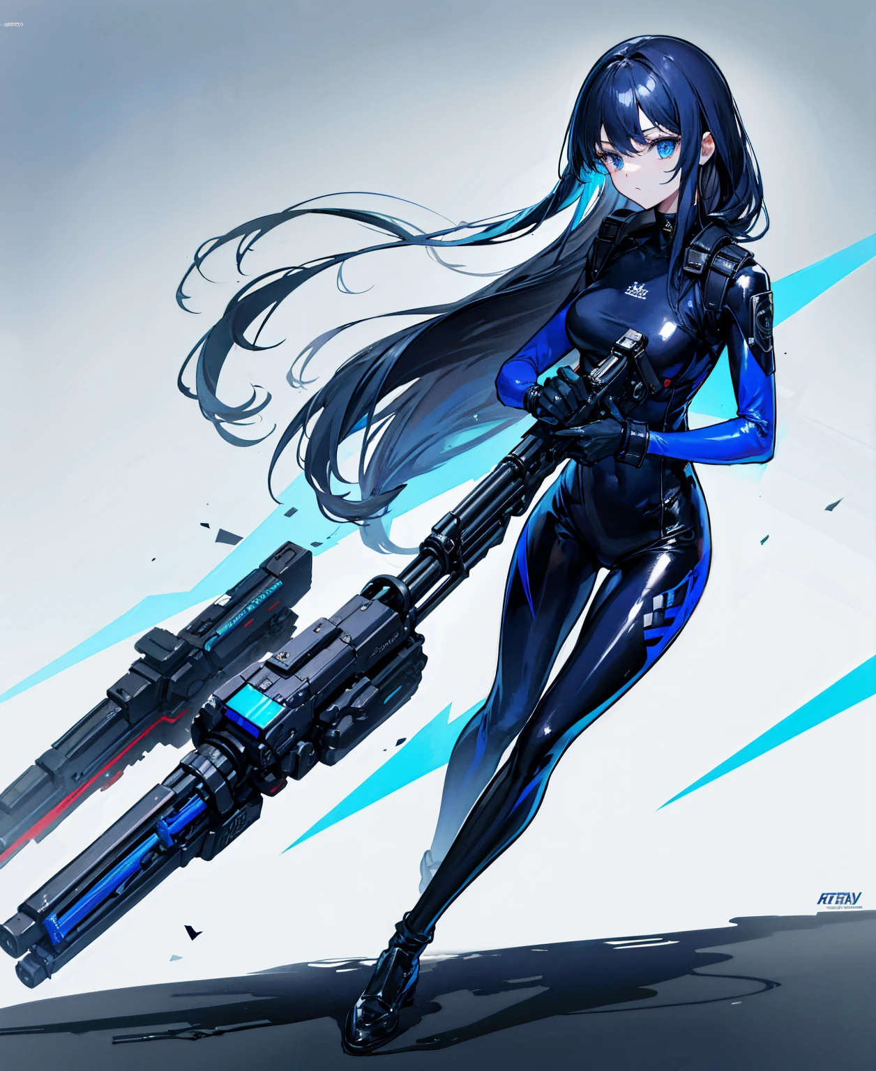 There is no background,girl,Carry a firearm,Patent leather tight suit,Use of firearms,Navy blue long hair,attention arousal,Blue colored eyes,No gradients