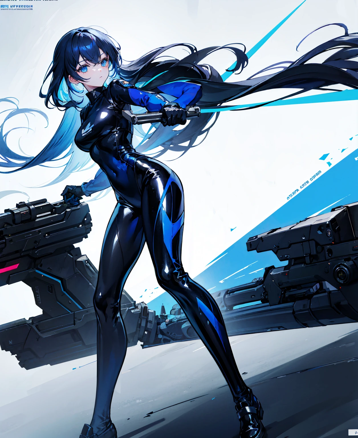 There is no background,girl,Carry a firearm,Patent leather tight suit,Use of firearms,Navy blue long hair,attention arousal,Blue colored eyes,No gradients