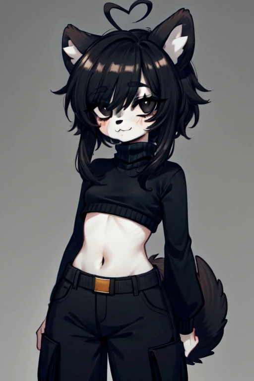 kenny \(kenashcorp\), 1girl, (dog, dog girl), furry, dog ears, heart ahoge, animal nose, black and white fur, black arms, eyes makeup, black eyes, dog tail, cheek heart, black hair, medium hair, simple background, dark background, black sweater, turtleneck, black cargo pants 