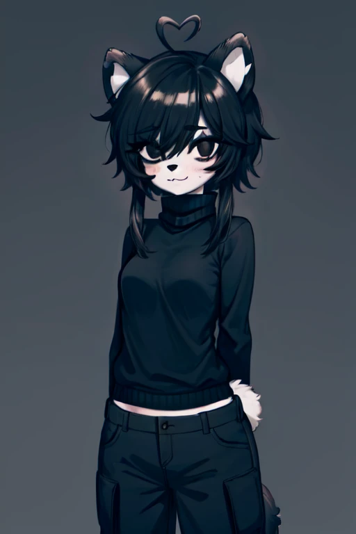 kenny \(kenashcorp\), 1girl, (dog, dog girl), furry, dog ears, heart ahoge, animal nose, black and white fur, black arms, eyes makeup, black eyes, dog tail, cheek heart, black hair, medium hair, simple background, dark background, black sweater, turtleneck, black cargo pants 