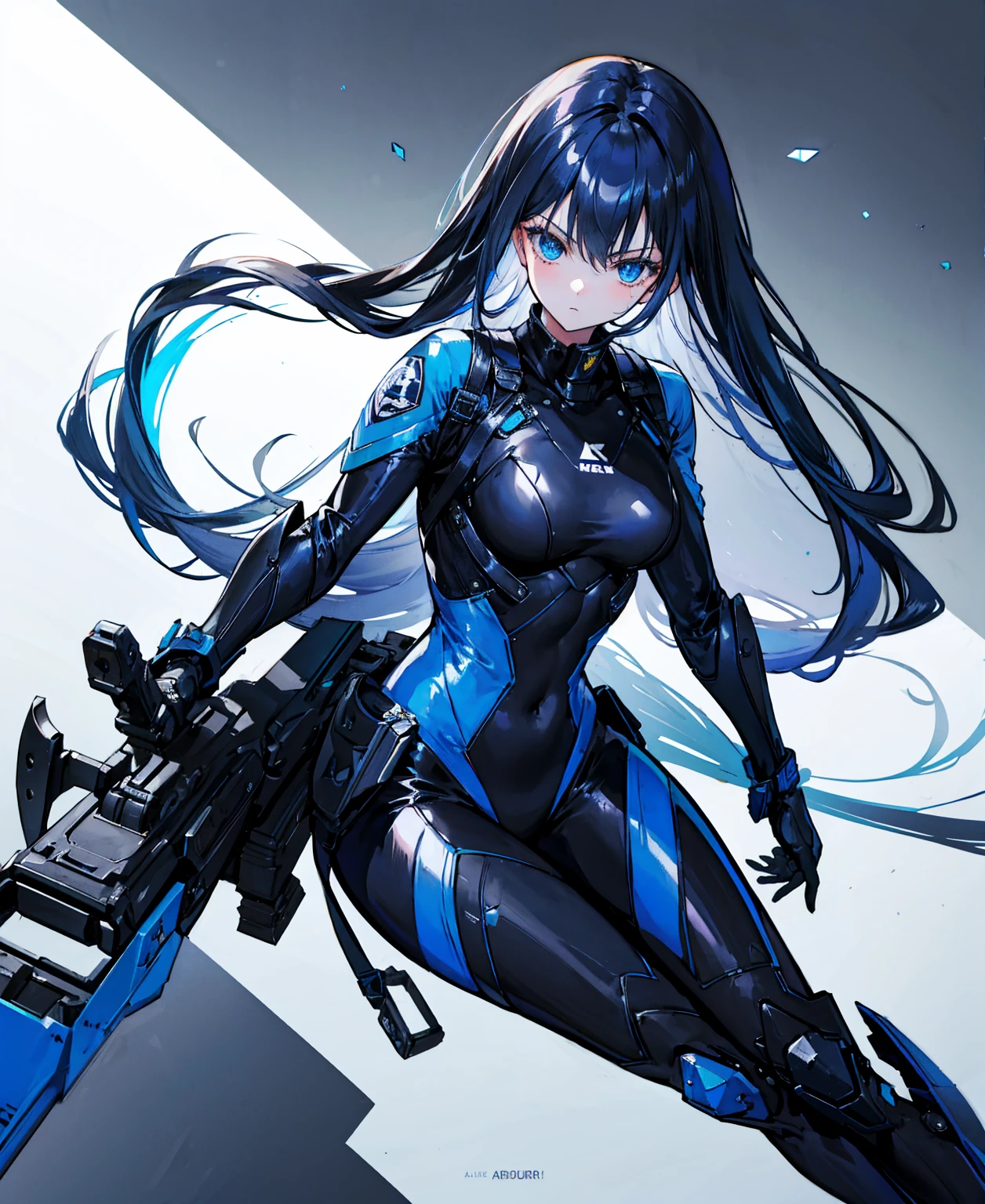 There is no background,girl,Carry a firearm,Patent leather tight suit,Use of firearms,Navy blue long hair,attention arousal,Blue colored eyes,No gradients