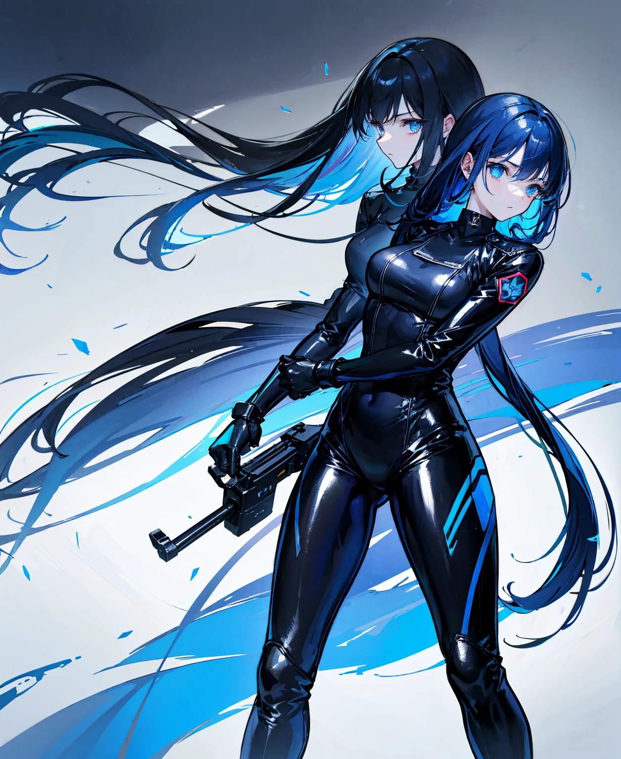 There is no background，girl，Carry a firearm，Patent leather tight suit，Use of firearms，Navy blue long hair，attention arousal，Blue colored eyes,No gradients