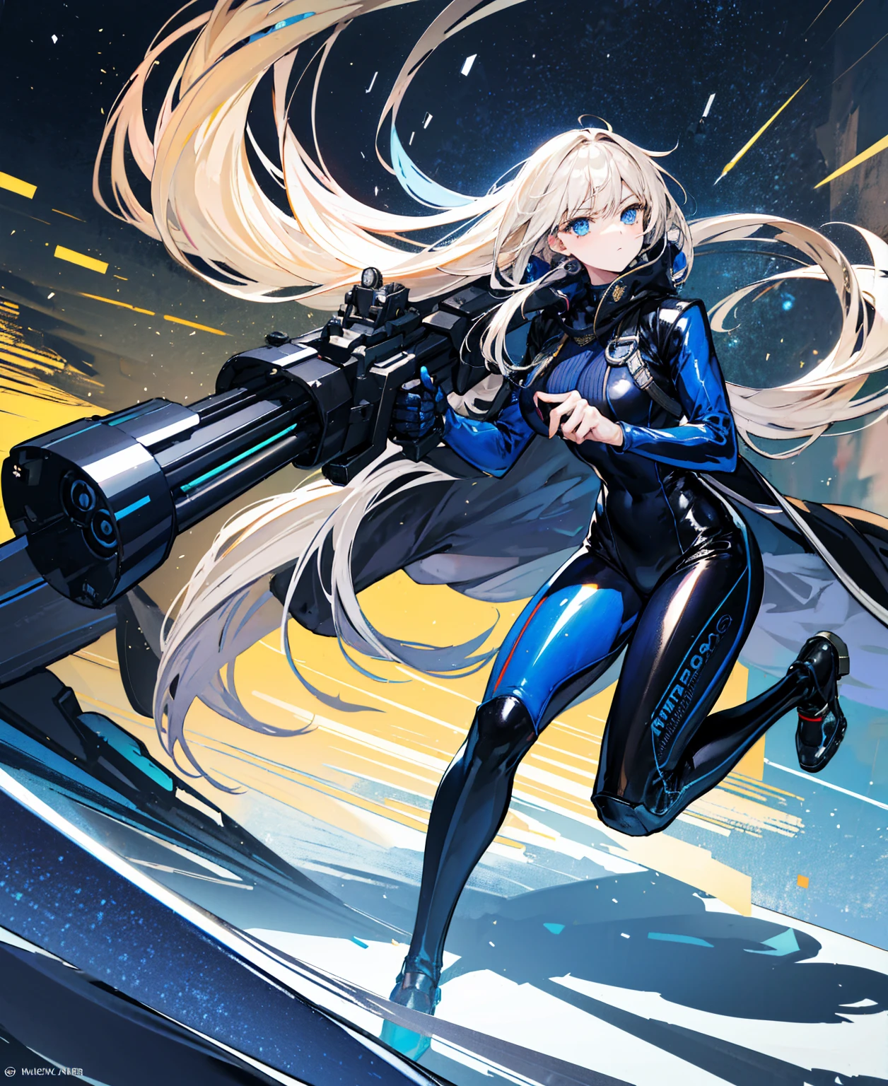 There is no background,girl,Carry a firearm,Navy blue patent leather tight suit,Use of firearms,Long golden hair,attention arousal,Blue sparkling eyes,No gradients