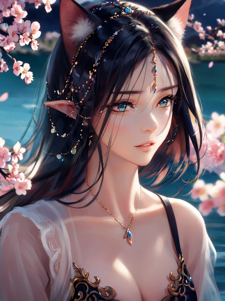 anime style, super fine illustration, highly detailed, dynamic angle, beautiful detailed, 8k, A girl is impressed by the cherry blossoms in Fuji-Hakone Izu National Park and the blue sky by the lakeside with Mt. Cherry blossom petals are dancing in the wind, the surface of the lake is calm, and the girl's expression is sincerely moved by the beauty of nature. very good illustration, High detail, dynamic angle, beautiful detailing,2D, (Best quality, masterpiece, Beauty, tenderness), Anime, Highly detailed face, very detailed eyes, very detailed background, Ideal lighting, Whole body, 1 girl, One, (Very detailed cat ears), (Very detailed ears behind the hair), Finely detailed eyes, ears covered with hair, (Very detailed eyes) Highly detailed hands, very detailed hands