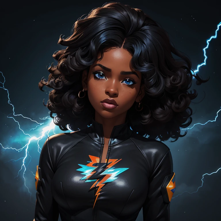 ((Personagem feminina preta estilo jogo free fire)), ((mulher arafada))((African American Asian)), ((Com cabelo preto cacheado preso com algumas mechas soltas)), ((E uma blusa preta de manga comprida comprada de gola alta escrita Garota)),((She is facing the camera looking to the side, black and blue lightning background))Garota negra, com cabelo cacheado e parece bastante volumoso.The natural style of curls suggests that the hair has a texture that holds the shape of the curls well. Dark brown eyes black image background with blue lightning without much chest