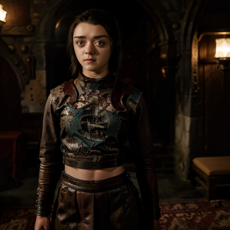 Masterpiece, best quality, detailed face, Arya Stark, sexy dress, midriff, in a medieval room, looking at viewer, sexy smirk face