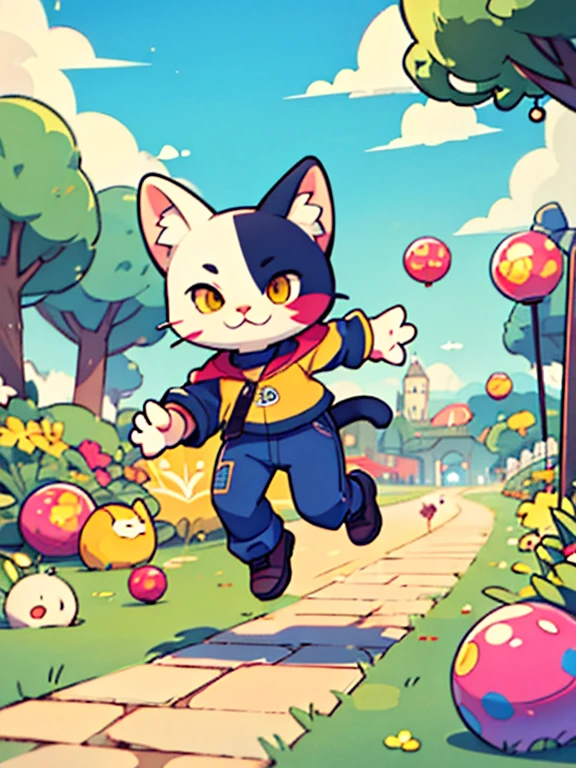 hay muchas burbujas, Hay un gato esponjoso y feliz corriendo,hay burbujas, lindo