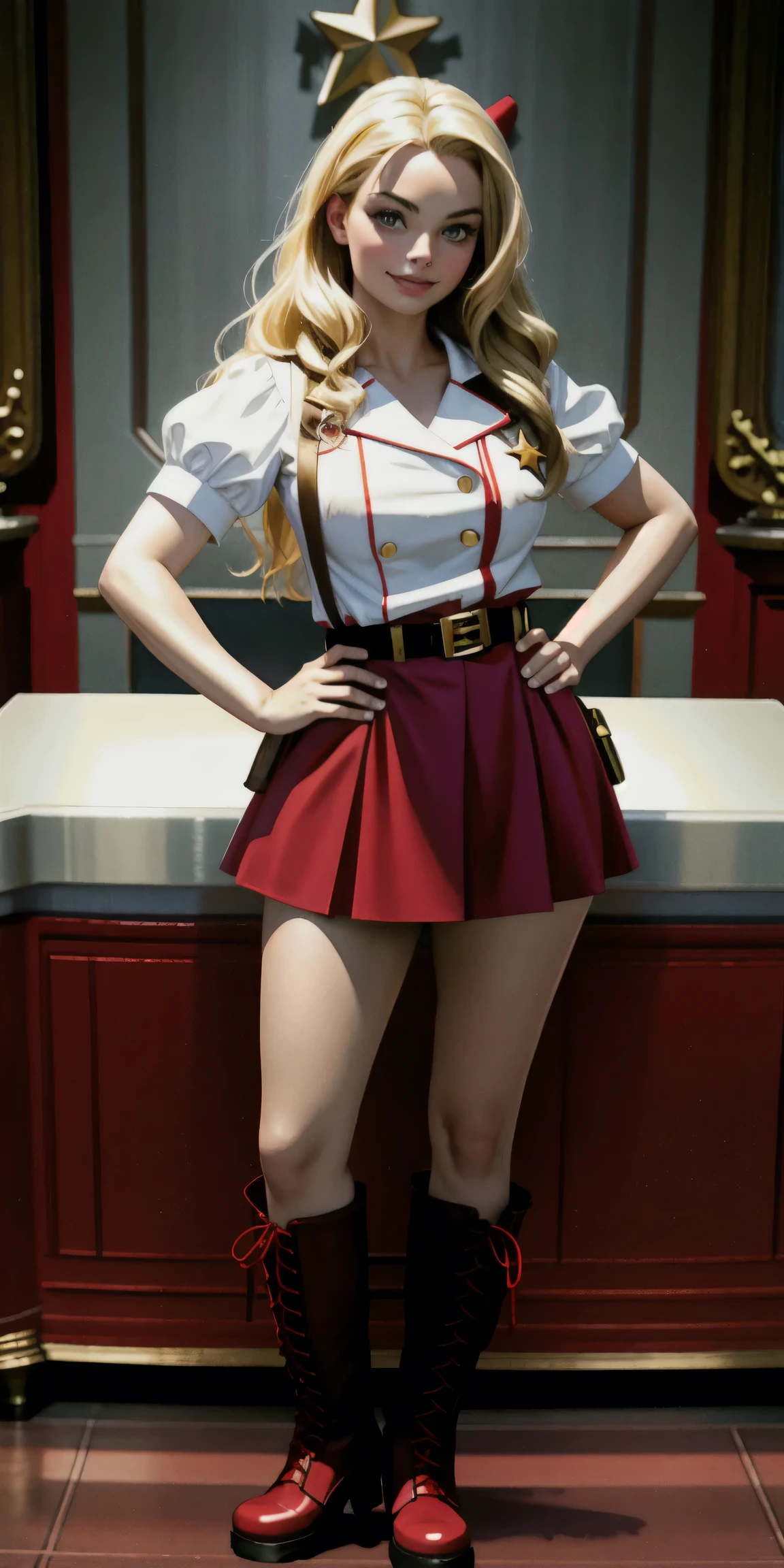 ((Masterpiece, best quality)),photography, detailed skin, realistic, photo-realistic, 8k, highly detailed, full length frame, High detail RAW color art, diffused soft lighting, shallow depth of field, sharp focus, hyperrealism, cinematic lighting
red edgAndy_costume, solo, smile,blonde Margot Robbie,breasts , short sleeves, military uniform,boots, belt, star badge, hand on hip,red footwear, wearing edgAndy_costume,
