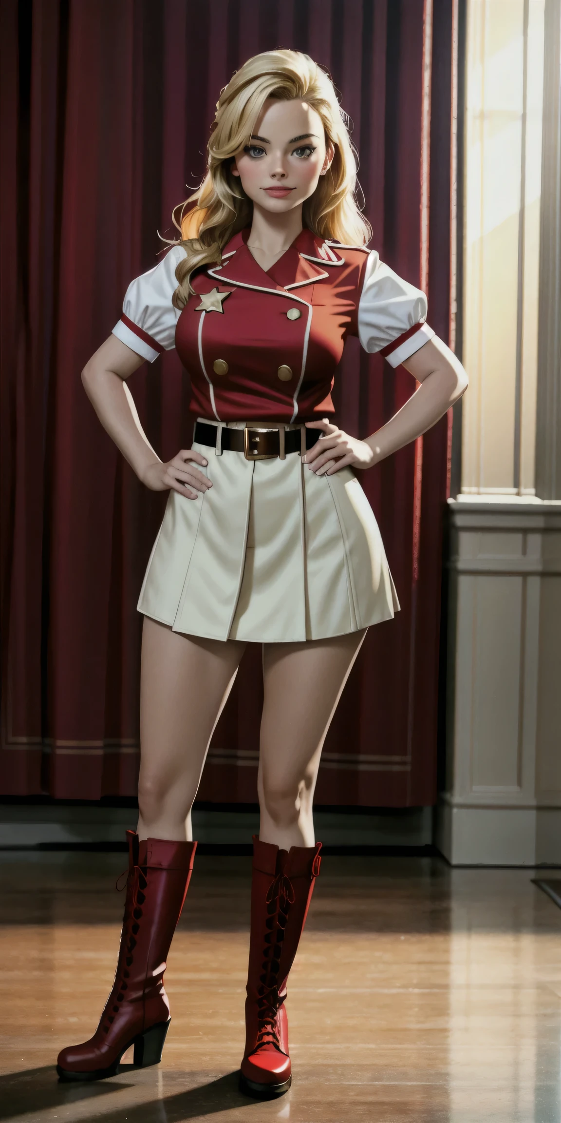 ((Masterpiece, best quality)),photography, detailed skin, realistic, photo-realistic, 8k, highly detailed, full length frame, High detail RAW color art, diffused soft lighting, shallow depth of field, sharp focus, hyperrealism, cinematic lighting
red edgAndy_costume, solo, smile,blonde Margot Robbie,breasts , short sleeves, military uniform,boots, belt, star badge, hand on hip,red footwear, wearing edgAndy_costume,
