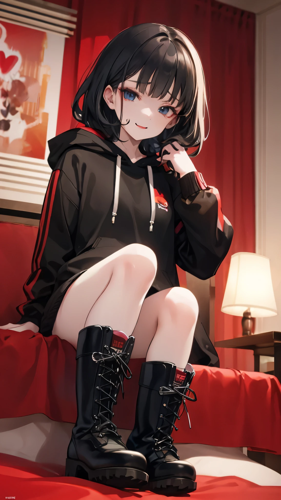 ((Disgusted face)),(((lovehotel)))、Hotel、8k,Super Detailed Game CG, (High resolution:1.1),(Absurd:1.1), highest quality,  Highest resolution, Very detailed, One girl,cute、contemptuous 、disdain、Sitting、
black and White hoodie、Red and black hoodie、White hoodie、Crossing your legs、Black platform boots、(((boots focus)))、
Black Hair、Black Hairロング、black eye、