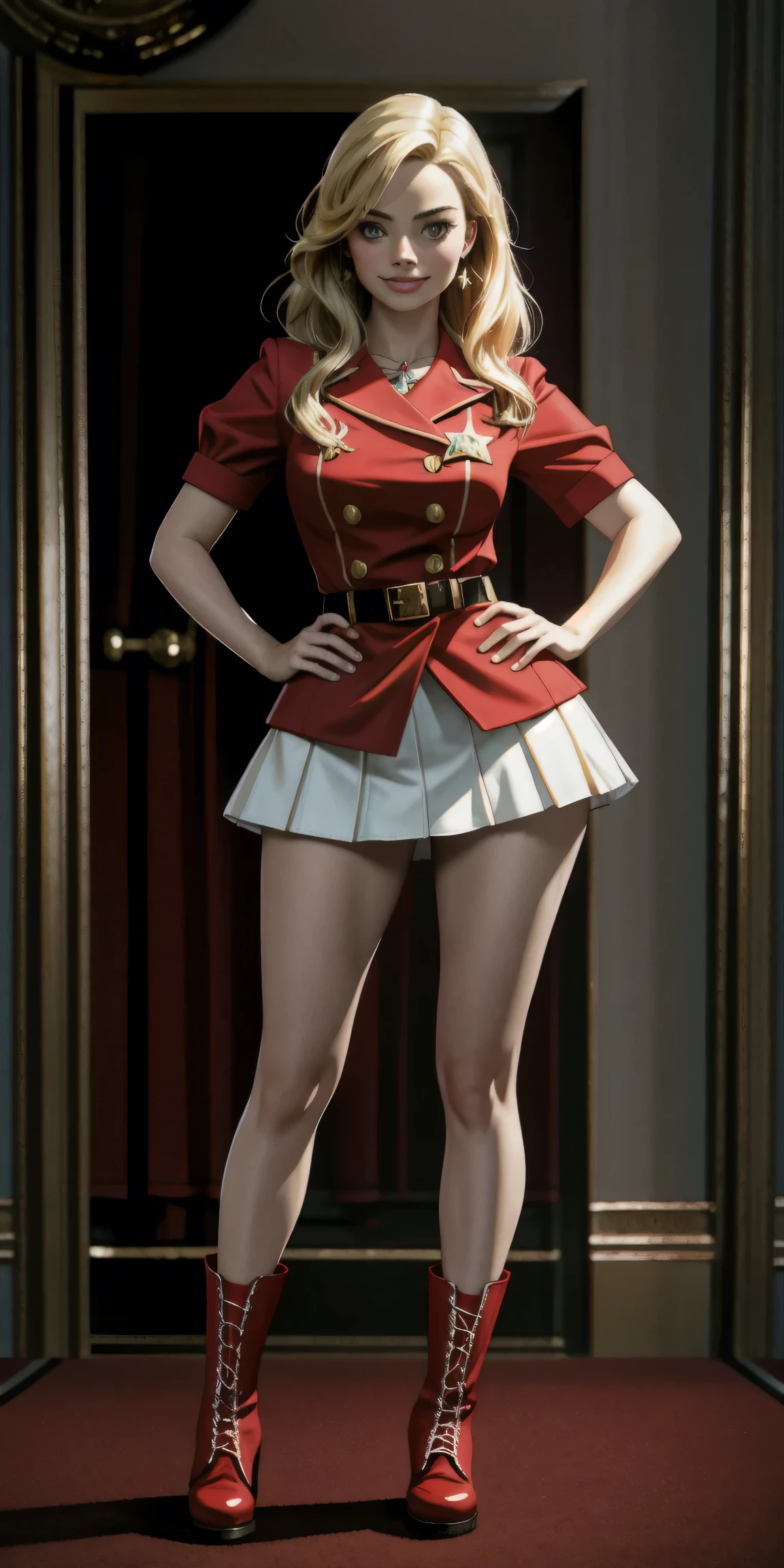 ((Masterpiece, best quality)),photography, detailed skin, realistic, photo-realistic, 8k, highly detailed, full length frame, High detail RAW color art, diffused soft lighting, shallow depth of field, sharp focus, hyperrealism, cinematic lighting
red edgAndy_costume, solo, smile,blonde Margot Robbie,breasts , short sleeves, military uniform,boots, belt, star badge, hand on hip,red footwear, wearing edgAndy_costume,
