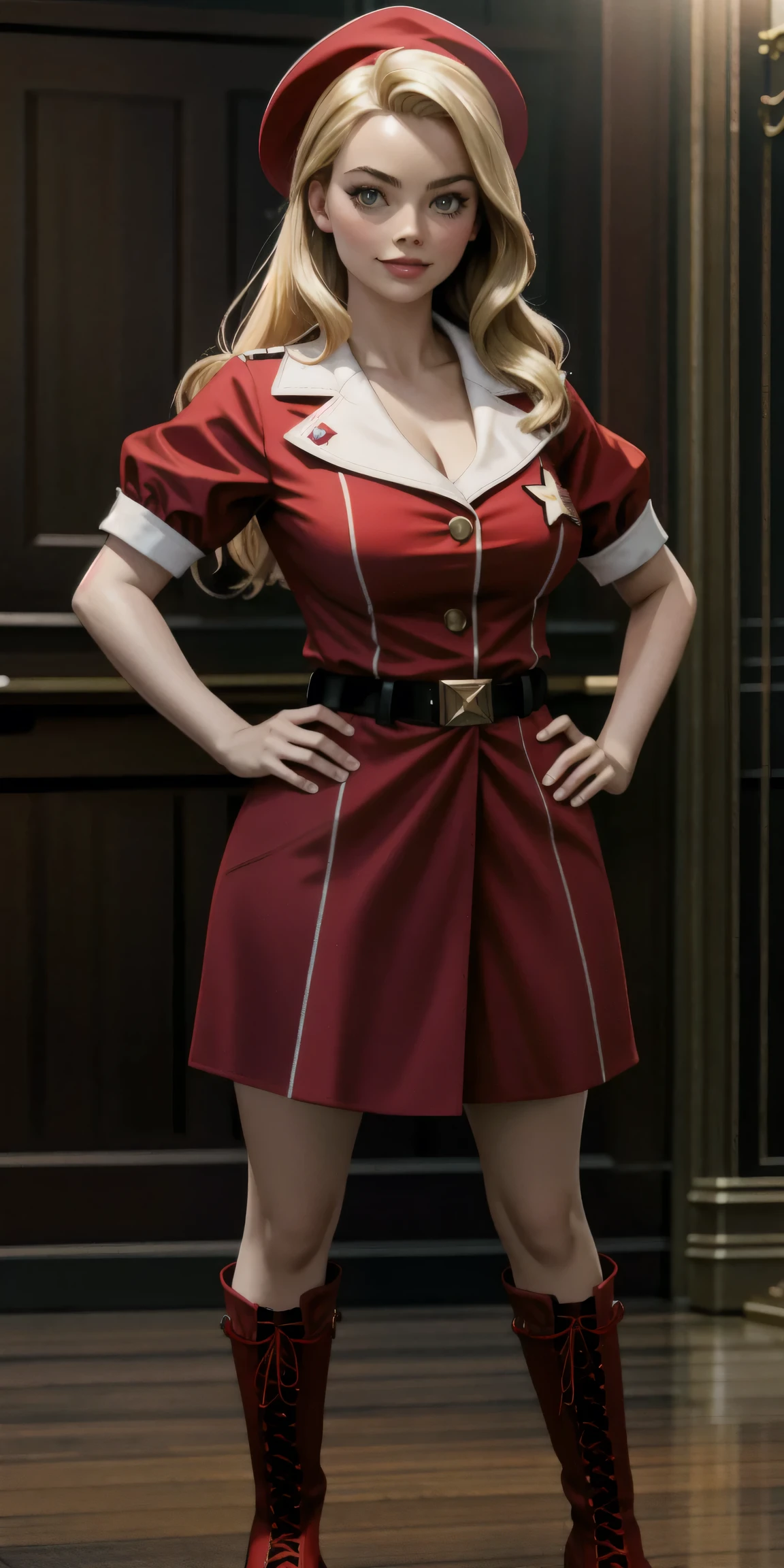 ((Masterpiece, best quality)),photography, detailed skin, realistic, photo-realistic, 8k, highly detailed, full length frame, High detail RAW color art, diffused soft lighting, shallow depth of field, sharp focus, hyperrealism, cinematic lighting
red edgAndy_costume, solo, smile,blonde Margot Robbie,breasts , short sleeves, military uniform,boots, belt, star badge, hand on hip,red footwear, wearing edgAndy_costume,
