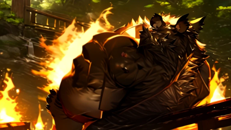 a male bear having sex with his rhino friend under a wooden bridge next to a campfire