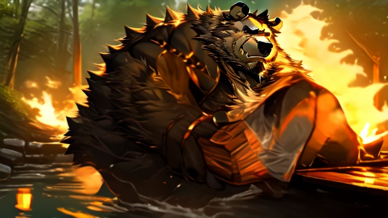 a male bear having sex with his rhino friend under a wooden bridge next to a campfire