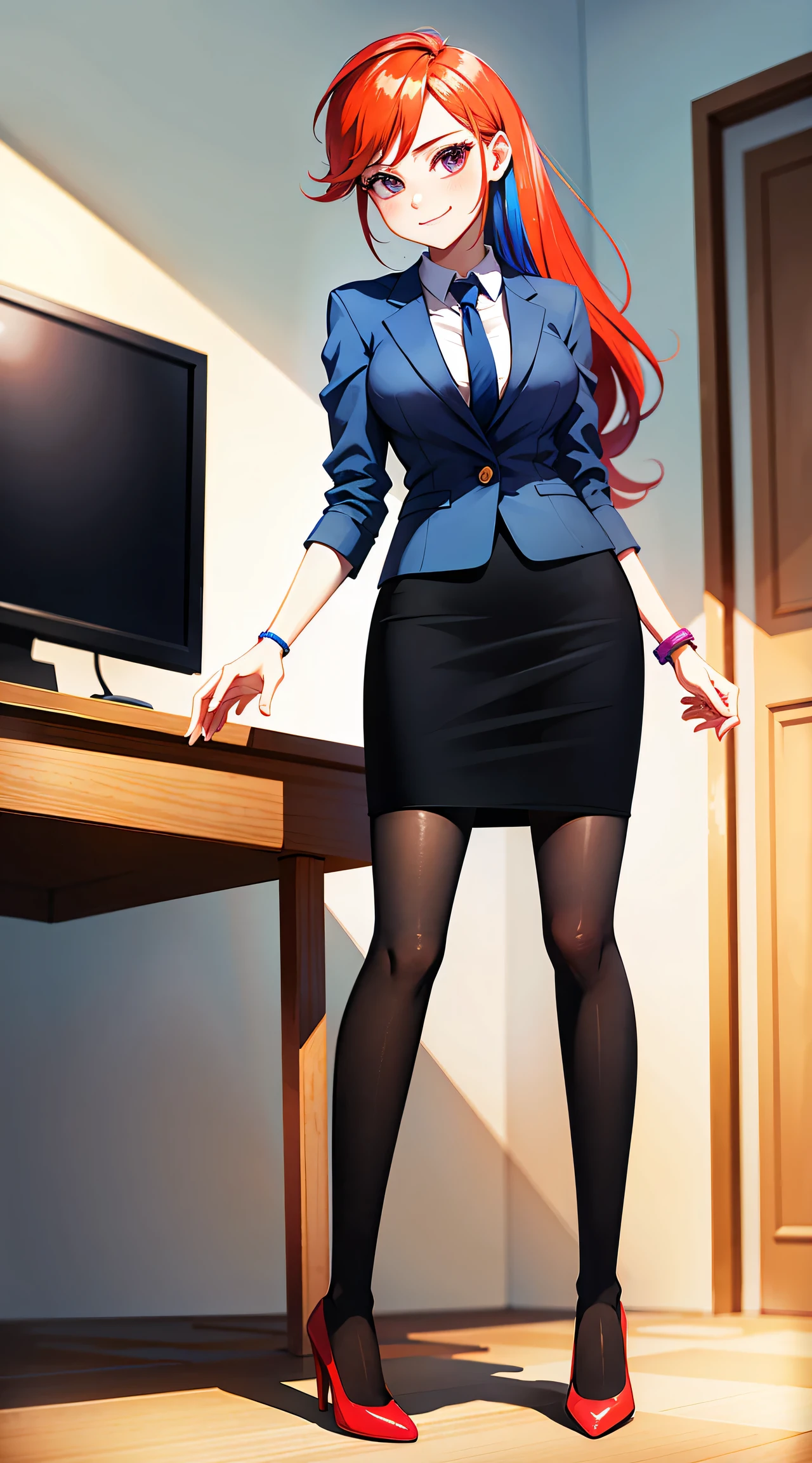 1girl, masterpiece, (detailed background), best quality, absurdres,
smirk, business suit, skirt suit, blazer, pencil skirt, bare legs, high heels, office, closed mouth, from below,
mlpdash, personification, multicolored hair, colored skin, blue skin,