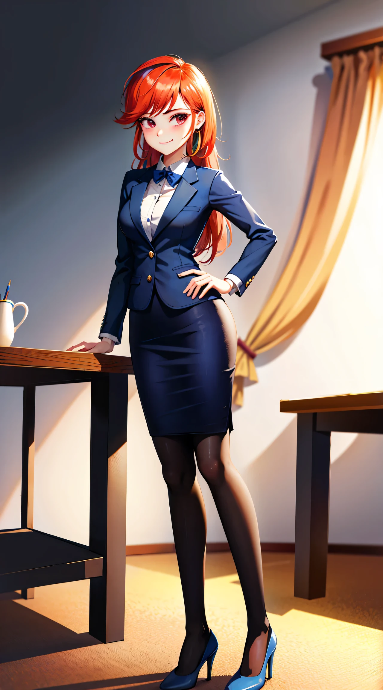 1girl, masterpiece, (detailed background), best quality, absurdres,
smirk, business suit, skirt suit, blazer, pencil skirt, bare legs, high heels, office, closed mouth, from below,
mlpdash, personification, multicolored hair, colored skin, blue skin,