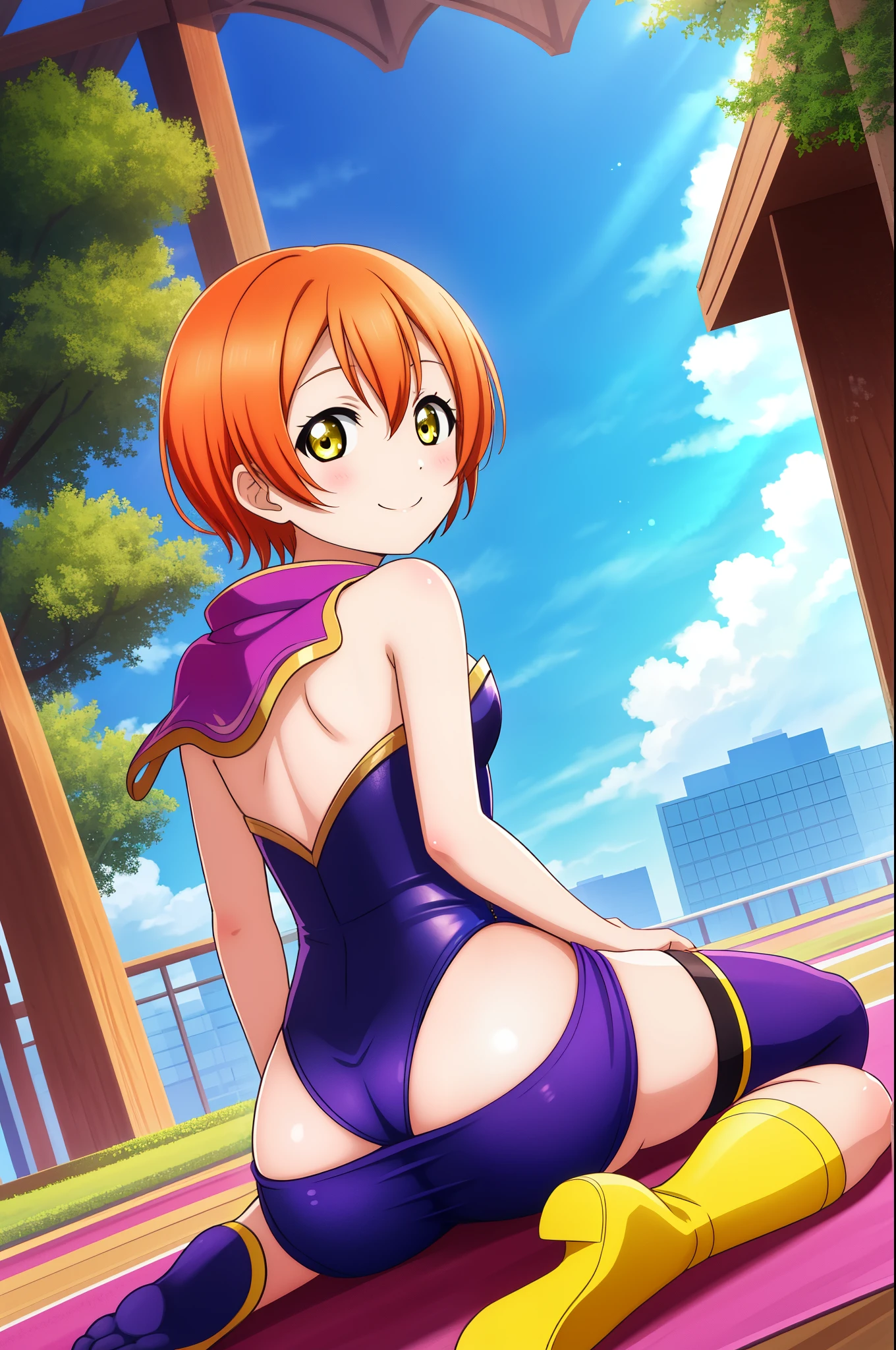 Masterpiece, best quality, Hoshizora rin, orange hair, yellow eyes, solo, from behind, strapless leotard, looking at viewer, wariza ,ass, sitting on knees , sexy smile