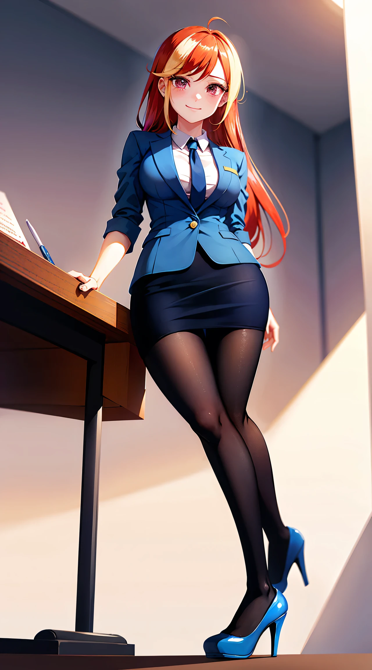 1girl, masterpiece, (detailed background), best quality, absurdres,
smirk, business suit, skirt suit, blazer, pencil skirt, bare legs, high heels, office, closed mouth, from below,
mlpdash, personification, multicolored hair, colored skin, blue skin,