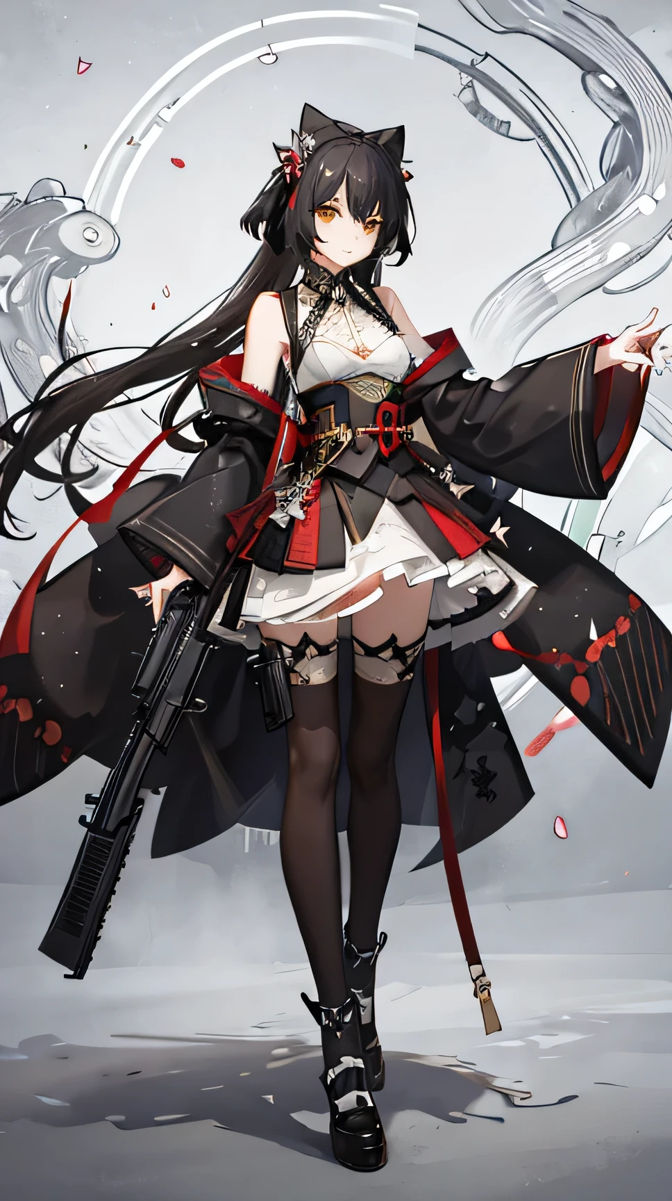 (masterpiece:1.2), highest quality, High resolution, unity 8k wallpaper, (figure:1.0), Beautiful details, Very detailed, Perfect lighting, Very detailed CG,Shine eyes,Backlight,, Tsundere,Kuudere,Yandere,Three white eyes,Small breasts,Thread,Shortcuts、Bob、long, Shine, Warframe,Human,mask,skirt, Armed Metallic, arms, gunfirearm, Camouflage, soldier, uniform, gun, firearm, Maid,kimono, green_armor,, Looking at the audience,alone,perspective,masterpiece, best quality, high quality, detailed, ultra detailed, beautiful, exquisite, insanely detailed, hyper detailed, with a gun, grinning, kawaii, --c 0