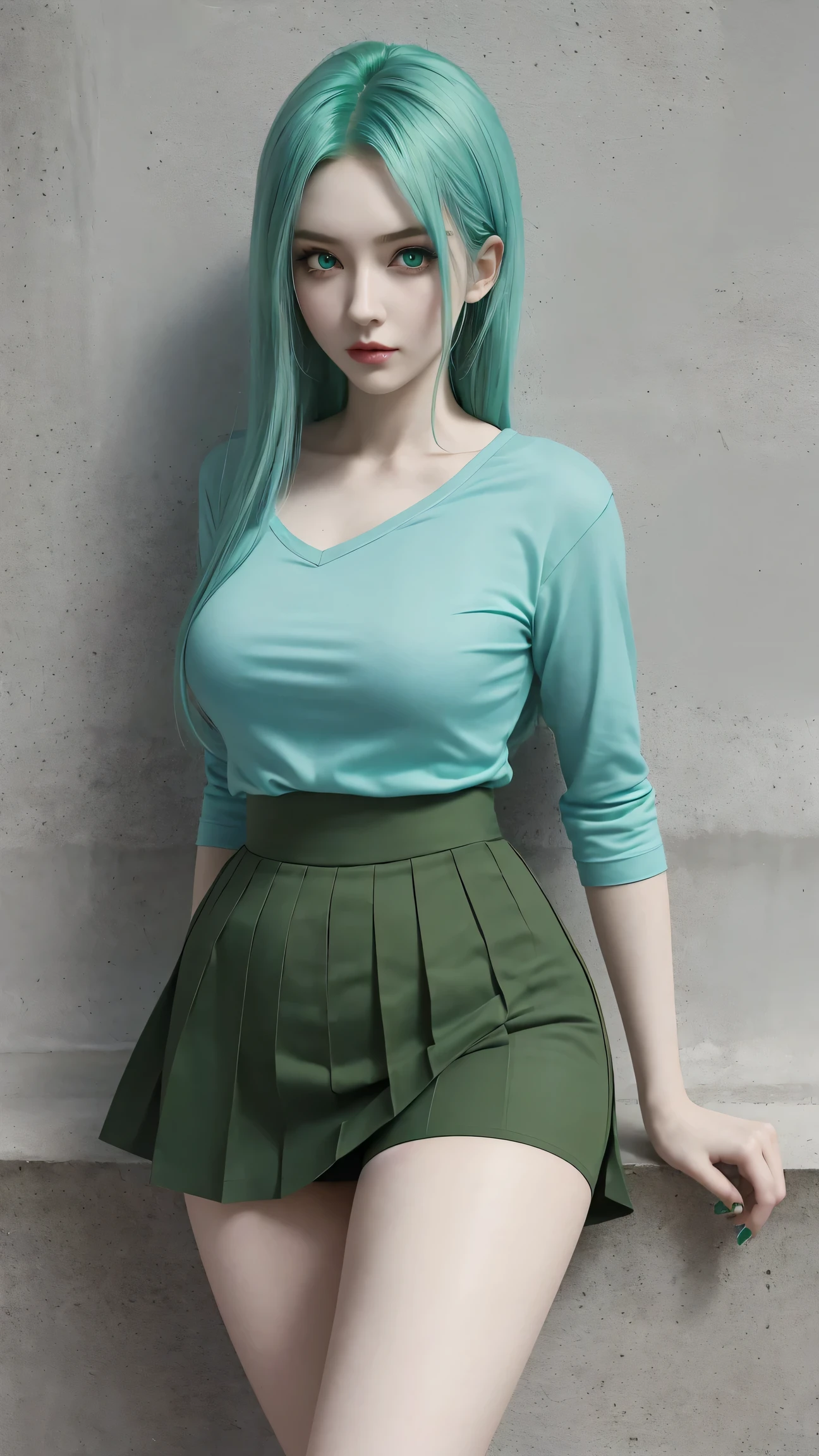 Masterpiece, best quality, 1girl, solo, 23 years old, adult, teal and green hair, aqua eyes, voluptuous, toned, 167cm, pale skin, seductive expression, olive green tshirt vneck, high waist short skirt, thighhighs