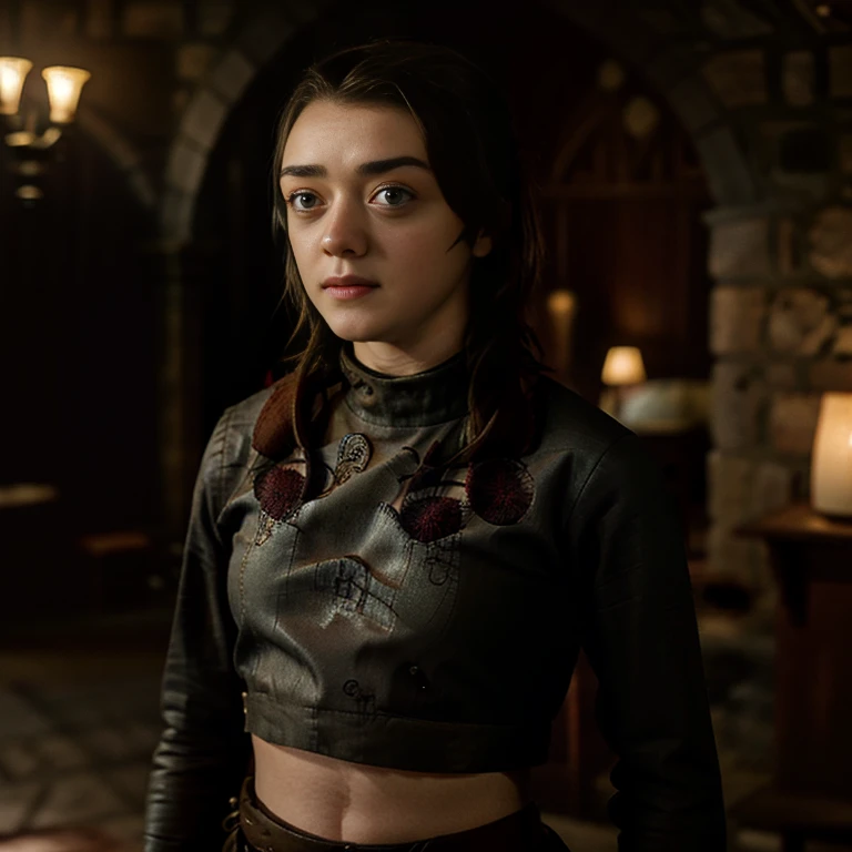 Masterpiece, best quality, detailed face, Arya Stark, sexy dress, midriff, in a medieval room, looking at viewer, sexy smirk face