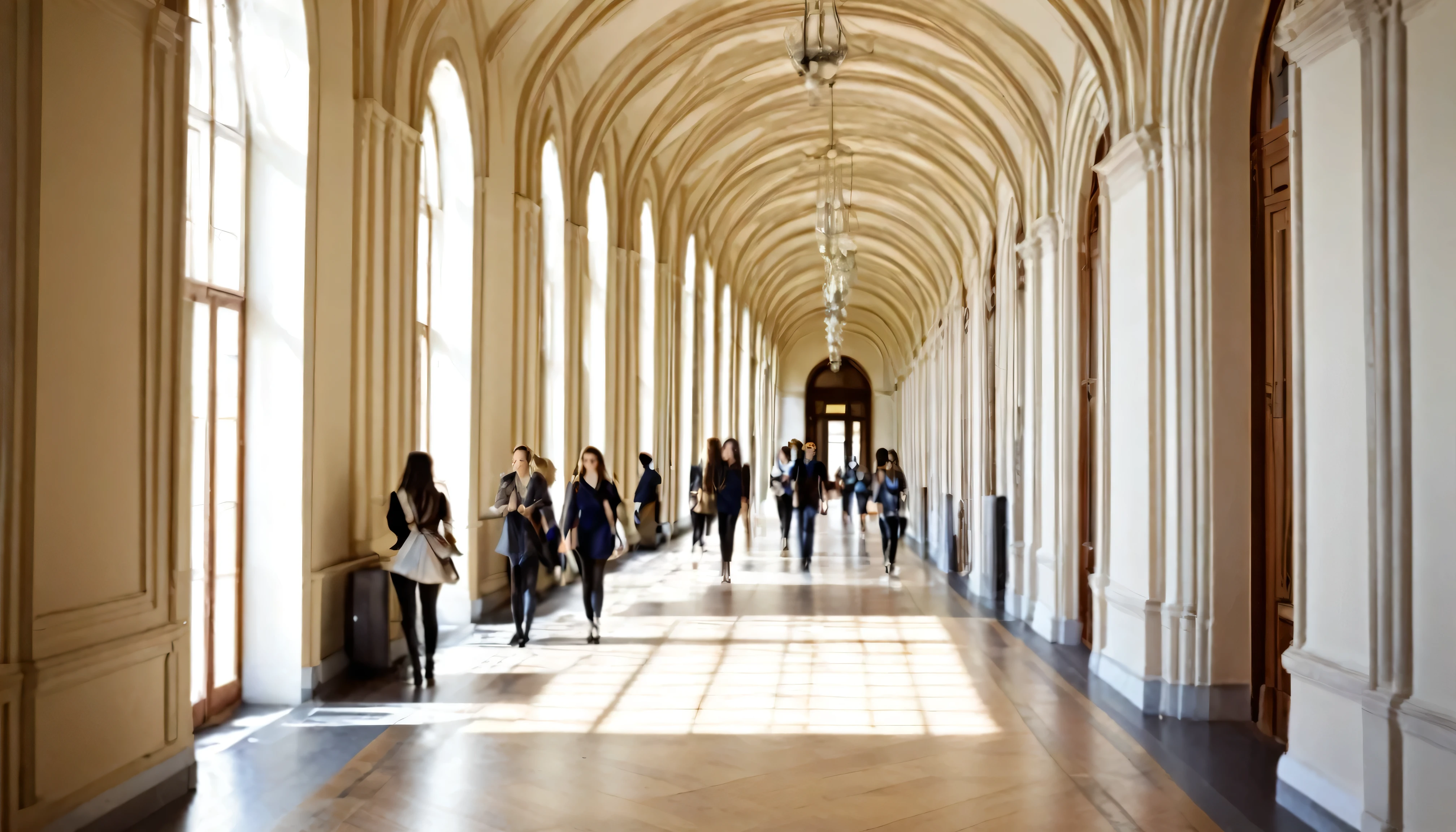 the hallway of a prestigious university of arts, photography and modeling with students walking around the building has an old and elegant look.