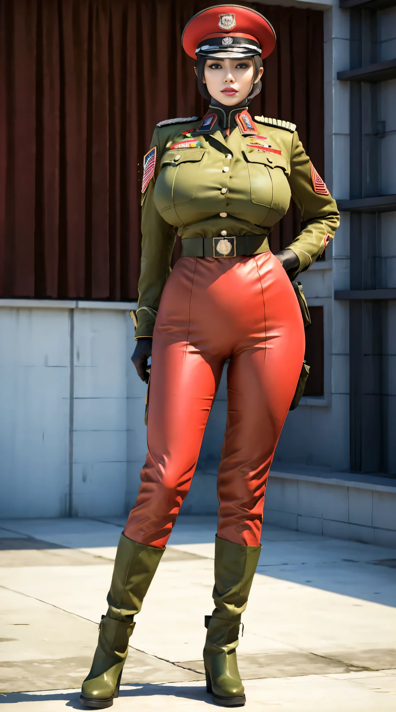 physically-based rendering, 1girl, Female soldier, (huge fake breasts:1), sexy body, tall, slim waist, big buttocks, (Full body:1.3), skintight army pants, (wearing Red military uniform).