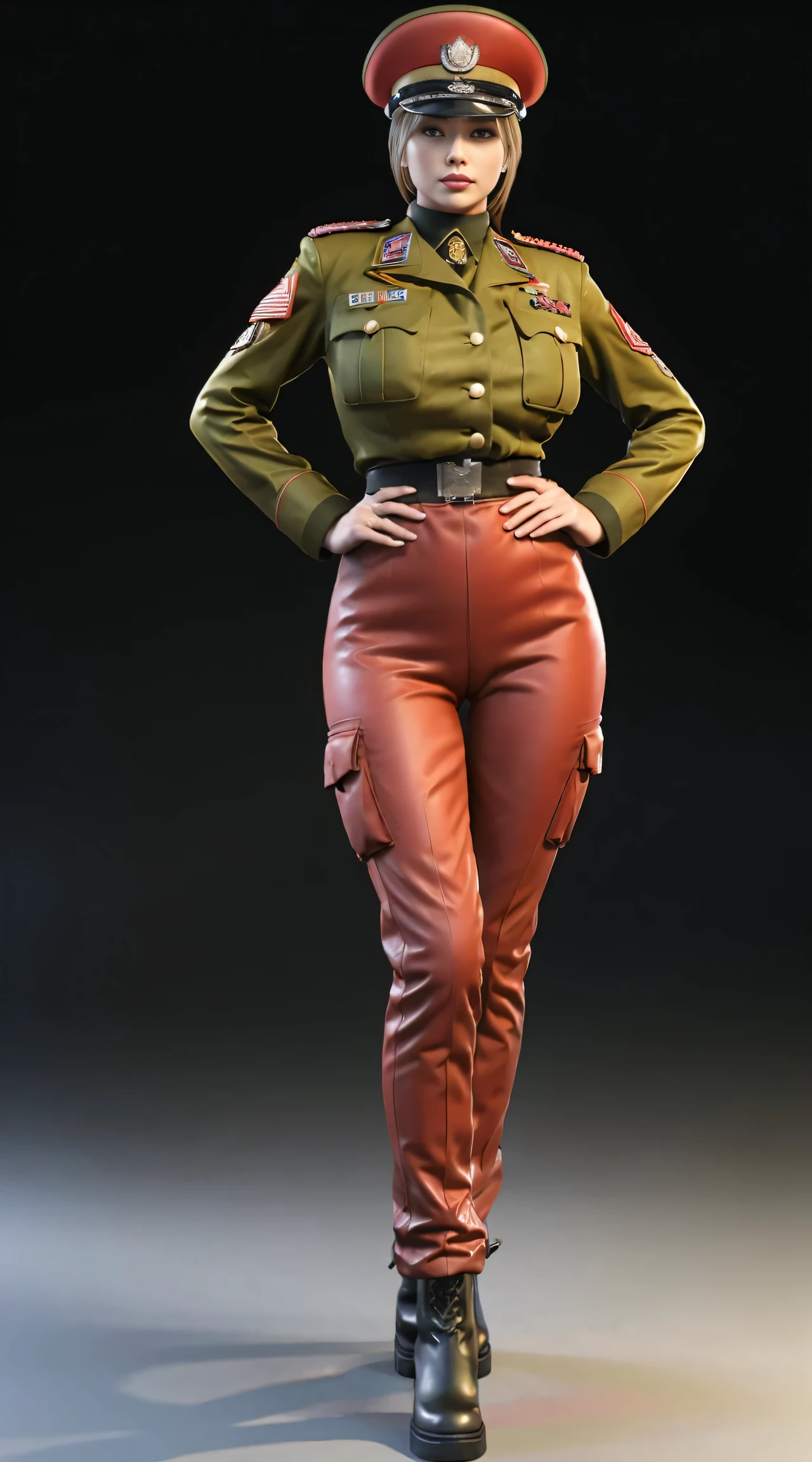 physically-based rendering, 1girl, Female soldier, (huge fake breasts:1), sexy body, tall, slim waist, big buttocks, (Full body:1.3), skintight army pants, (wearing Red military uniform).