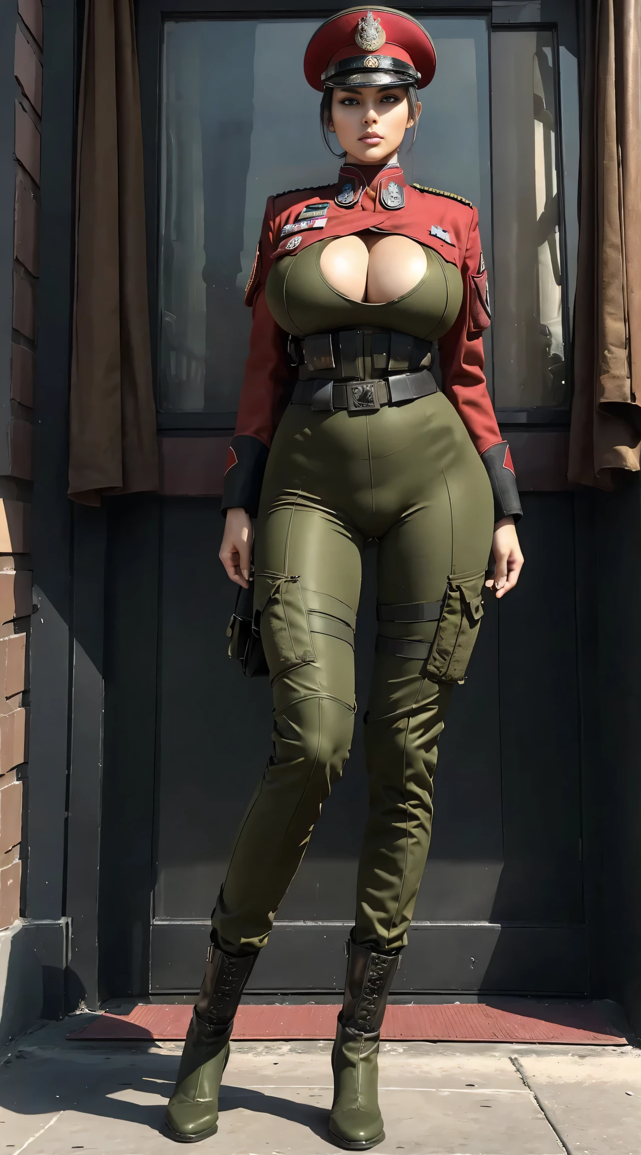 physically-based rendering, 1girl, Female soldier, (huge fake breasts:1), sexy body, tall, slim waist, big buttocks, (Full body:1.3), skintight army pants, (wearing Red military uniform).