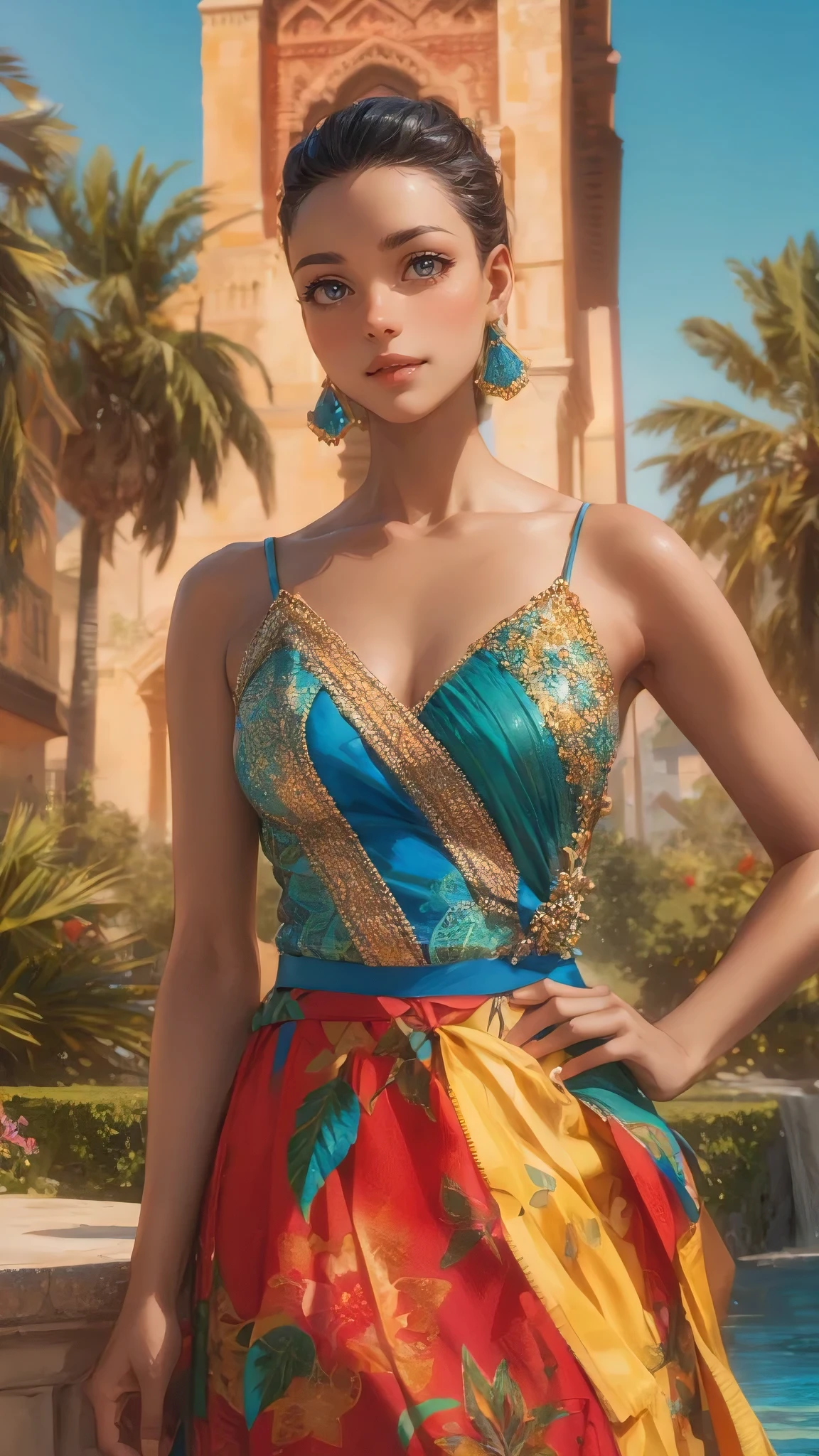 A captivating and vibrant portrait of a radiant woman with a charming smile, standing outdoors against a stunning colorful backdrop. The woman is dressed in a dazzling top and skirt with intricate patterns and bold colors, including shades of blue, yellow, red, and green. The deep V-neckline of the top is adorned with beads and sequins, while the skirt features a patchwork design with varying geometric patterns. In the background, a majestic tower, possibly a minaret, stands proudly among palm trees and lush vegetation, with a clear blue sky hinting at a sunny day. This photograph masterfully combines cinematic, conceptual art, architecture, painting, and fashion elements, resulting in a mesmerizing 3D render that showcases the perfect blend of style and creativity., cinematic, painting, 3d render, vibrant, architecture, photo, fashion, portrait photography, conceptual art