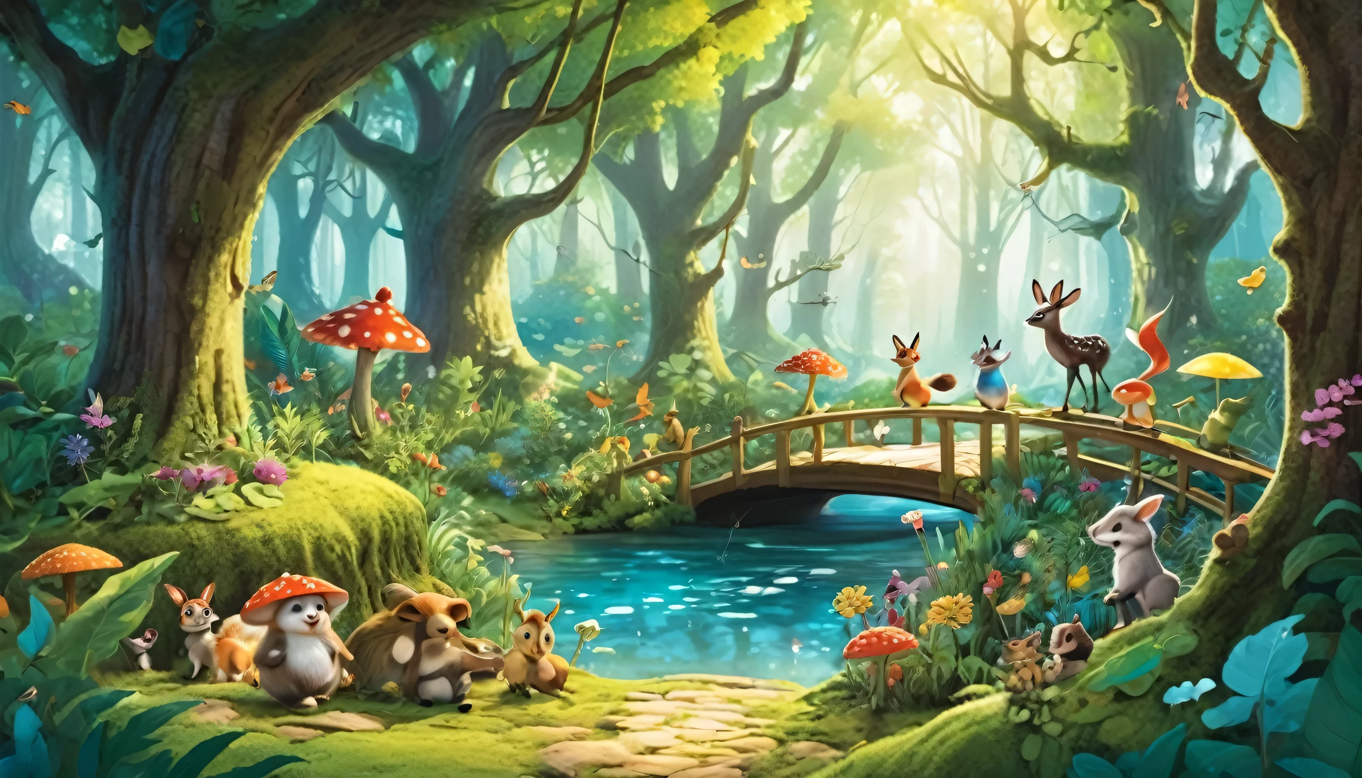 A lush, vibrant forest filled with animated creatures, from whimsical talking animals to mischievous fairies flitting among the trees