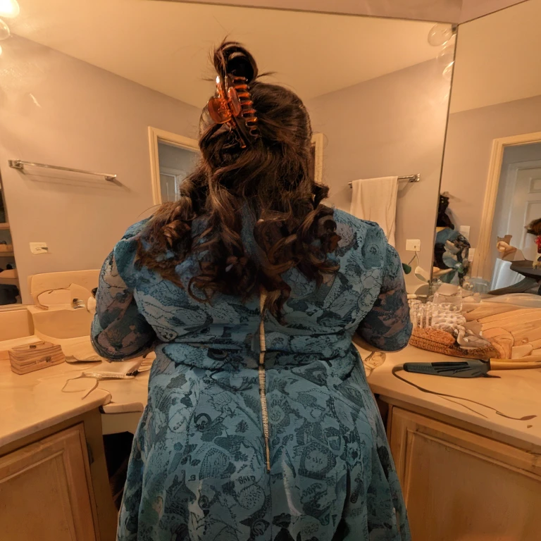 there is a woman standing in a bathroom with a large mirror, view from the back, full growth from the back, in full growth from the back, shot from the back, elaborate hair worn up, photo from the back, facing away from camera, facing away from the camera, photographed from the back, photo from behind, view from behind mirror, back of the hair, beautiful girl, big ass, huge ass, bbw, from behind, thick, thick thighs, wide hips, bbw, big , sideboob, giant ass, side view, big butt, round butt, tight underwear, underwear halfway off, underwear taking off, grabbing ass, ass spilling over underwear, too thick for clothes, side angle, chubby stomach, big , filipina, vpl
