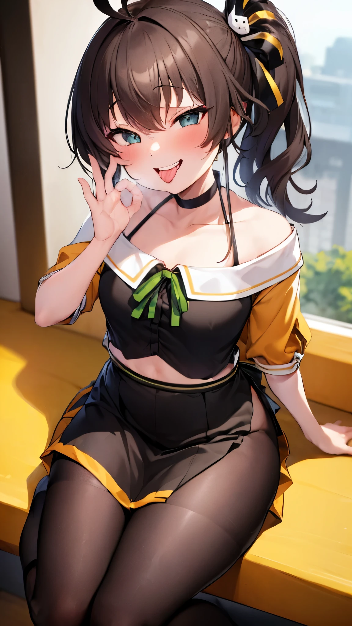  ((((Open your mouth))))、masterpiece,highest quality,High resolution,Very detailed,bb Festival,meだium hair,skinny,Ahoge,Brown Hair,(((((  Captivating smile ))))),skinny,Hair between the eyes,bangs,Hair Ribbon,Black Choker,Earrings,Black Ribbon,plaiだ shirt,Grey Shirt,shoulだer cutout,Short sleeve,See-through sleeves,Black Skirt,High Waist Skirt,Race,(( Perfect Fingers )) ,  shoes下,(black shoes下:1.4),Race trim,shoes,Black footwear,indoor,(Cafe:1.2),((Blowjob Gestures:1.5))、Open your mouth ,Sitting,Chair,Heavy breathing ,