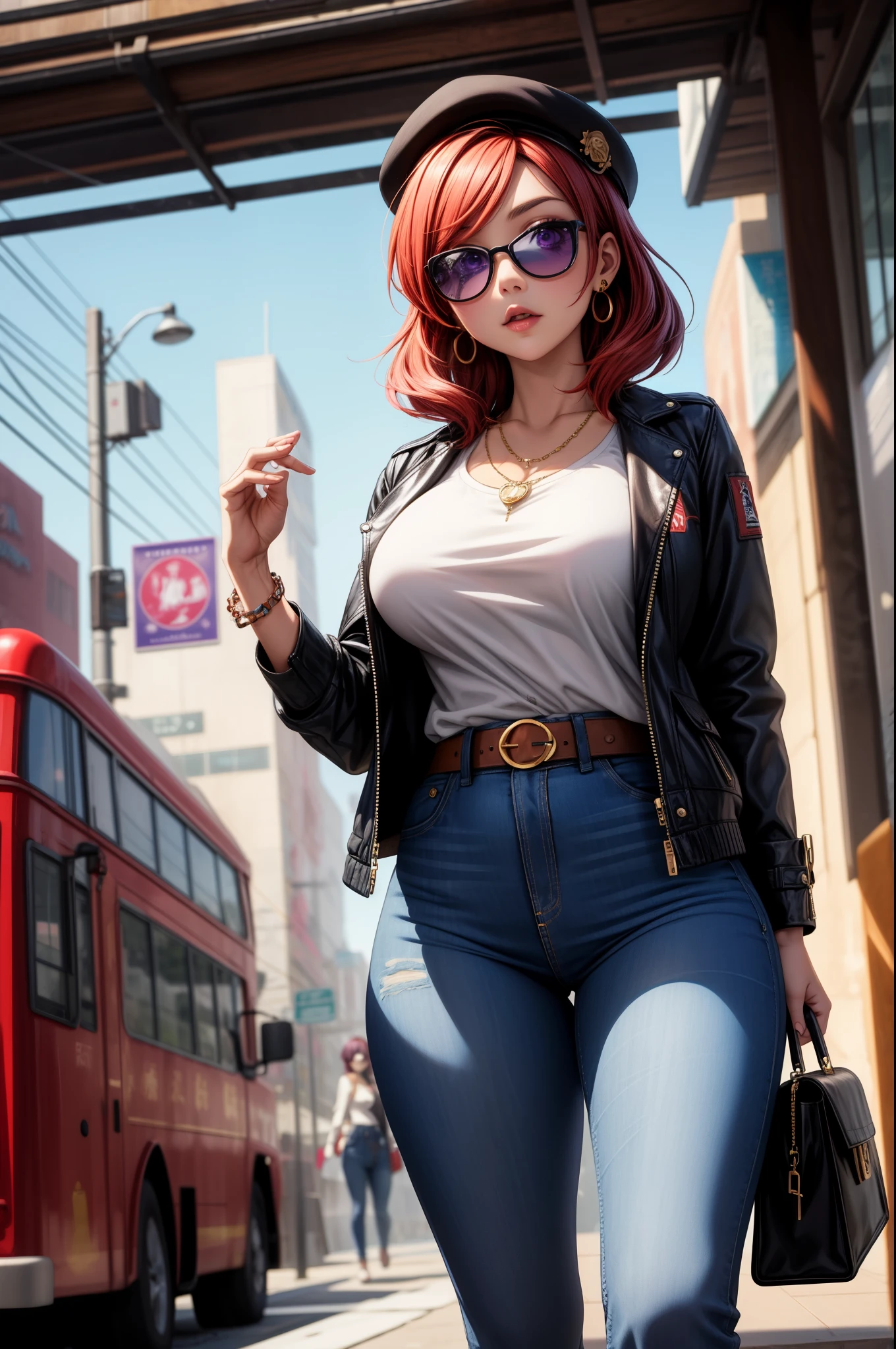 (Masterpiece, Best Quality, High Quality), volumetric lighting, illustration, beautiful, perfect lighting, perfect shadows,Nishikino maki ,solo, purple eyes ,red hair , curvy hourglass body,busty,shirt, hat, jewelry, jacket, white_shirt, earrings, belt, pants, hand_up, necklace, bag, sunglasses, denim, jeans, handbag, orange_jacket