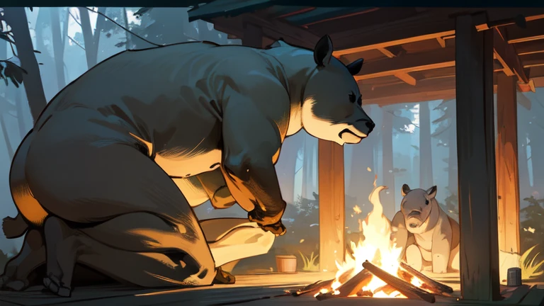a male bear having sex with his rhino friend under a wooden bridge next to a campfire