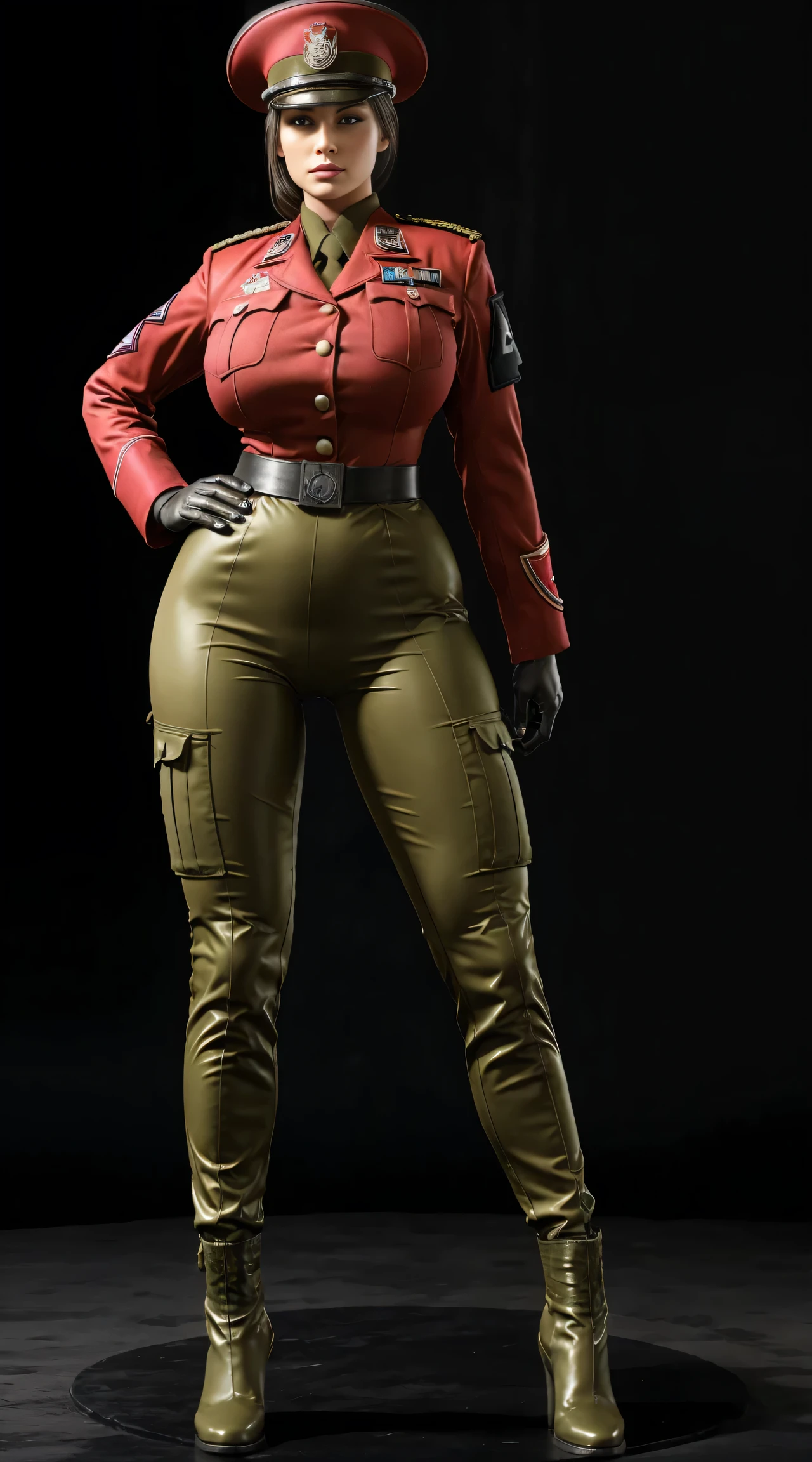 physically-based rendering, 1girl, Female soldier, (huge fake breasts:1), sexy body, tall, slim waist, big buttocks, (Full body:1.3), skintight army pants, (wearing Red military uniform).