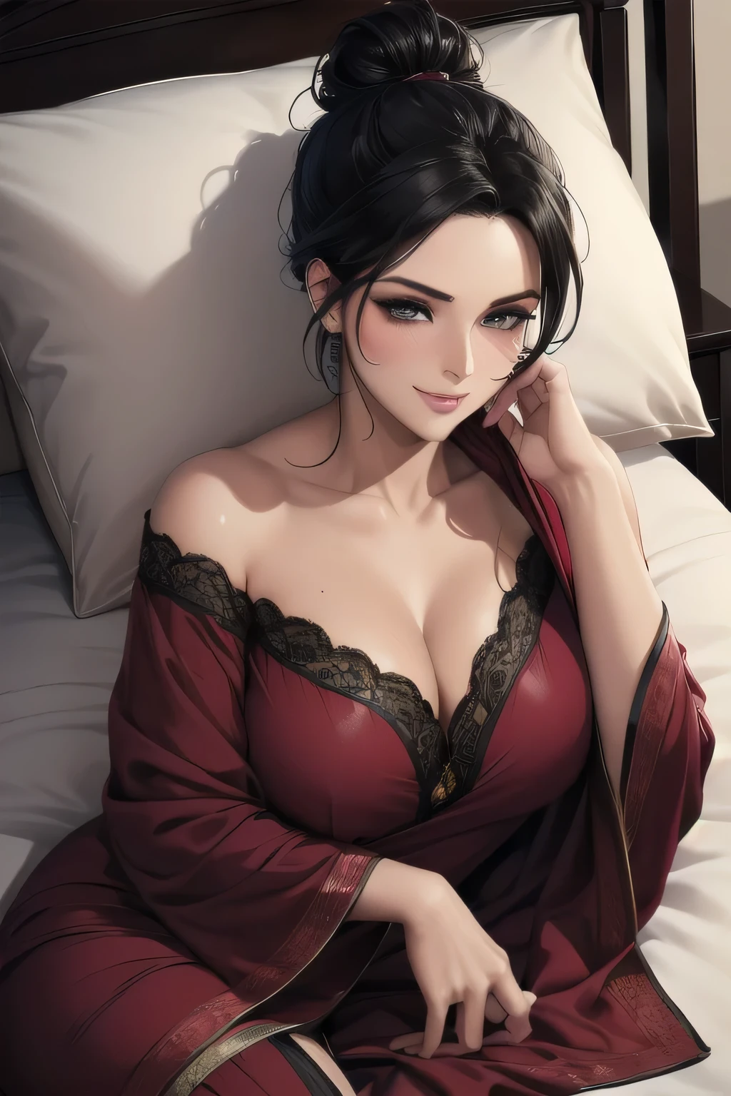 Amazing portrait of a sexy woman with a beautiful face and black hair tied in a bun with smokey eyes lined with an eyeliner and her glossy lips are parted while blushing intensely and smiling wearing maroon kurta pajama with maroon sheer shawl while lying on bed with her head on a pillow facing towards the viewer