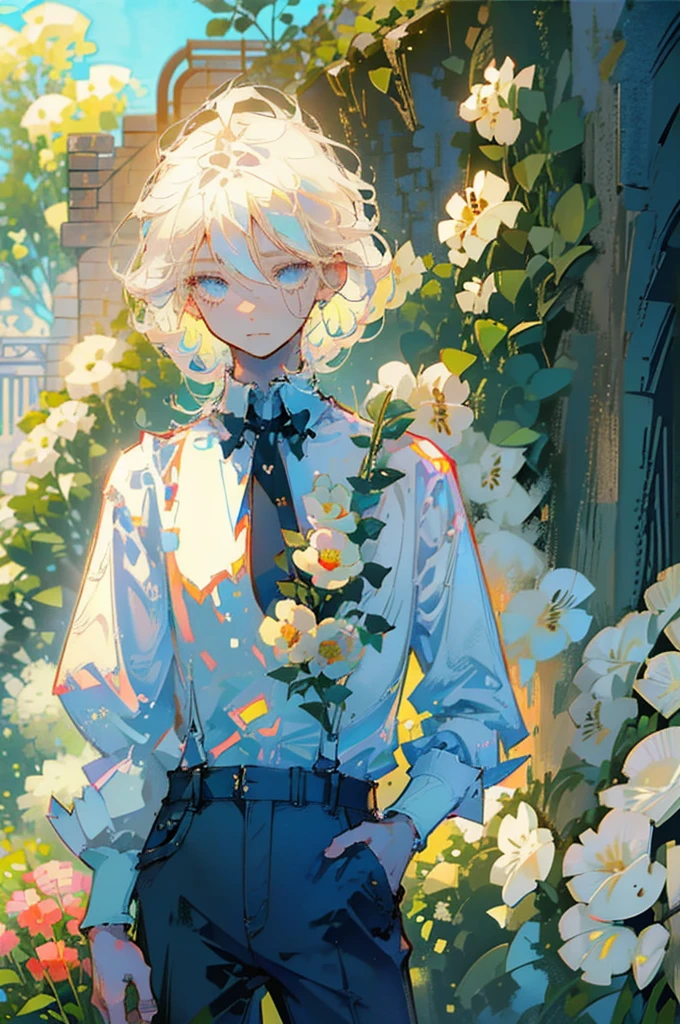 Young man, shirt, suspenders, jeans pants, light blond cropped hair, light blue eyes, flowers, nature, sun, detailed face, detailed hair, messy hair, mansion, garden.