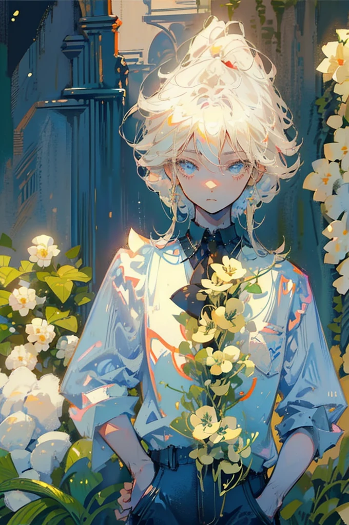 Young man, shirt, suspenders, jeans pants, light blond cropped hair, light blue eyes, flowers, nature, sun, detailed face, detailed hair, messy hair, mansion, garden.