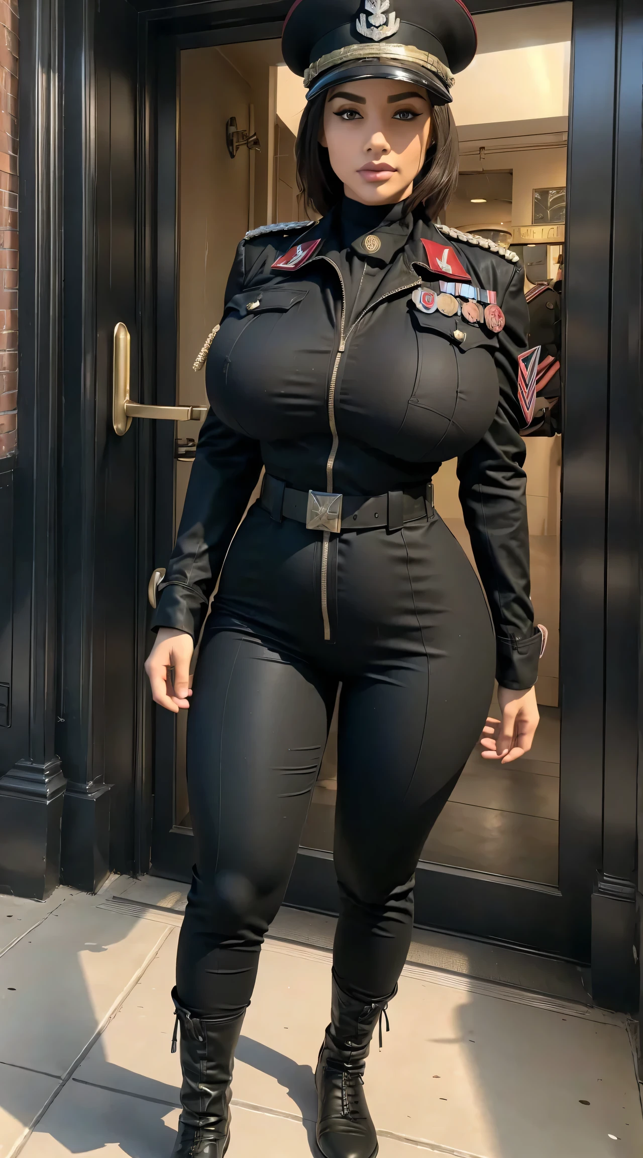 physically-based rendering, 1girl, Female soldier, (huge fake breasts:1.2), (street city), sexy muscular body, slim waist, big buttocks, (Full body:1.3), walking, skintight army pants, (military uniform:1.3), huge brests, tight clothes