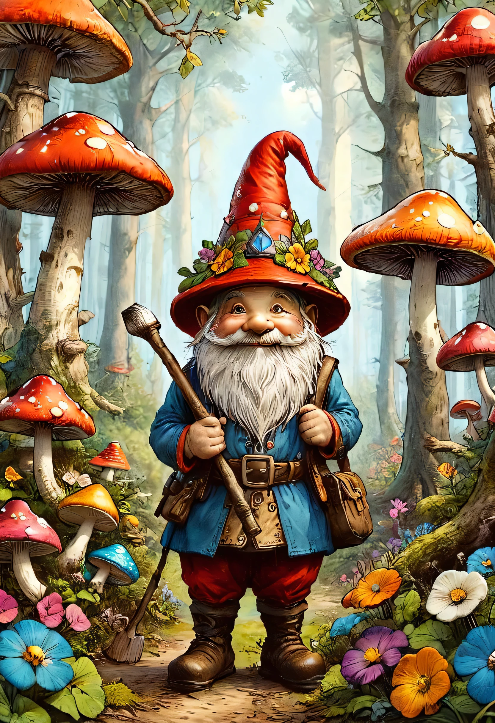 (gnomes),(gnome outfits),(gnome accessories),(mushroom background),(flowers, trees),(best quality,4k,8k,highres,masterpiece:1.2),(hyper-realistic),(vibrant colors),(detailed),(studio lighting)