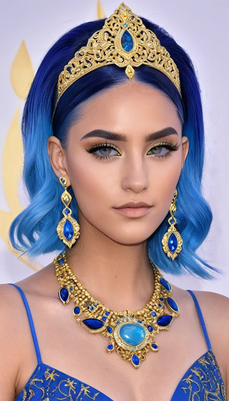 The image portrays a young woman with striking blue hair, adorned with a golden headpiece that features a large blue gemstone at the center. Her eyes, a matching shade of blue, are accentuated with gold eyeliner and complemented by gold earrings. She is wearing a blue dress with gold accents, including a necklace and a bracelet, both of which have blue gemstones. The background is a gradient of blue and gold, enhancing the overall ethereal and elegant theme of the artwork. The style of the image is reminiscent of digital art, characterized by its smooth lines, vibrant colors, and attention to detail.