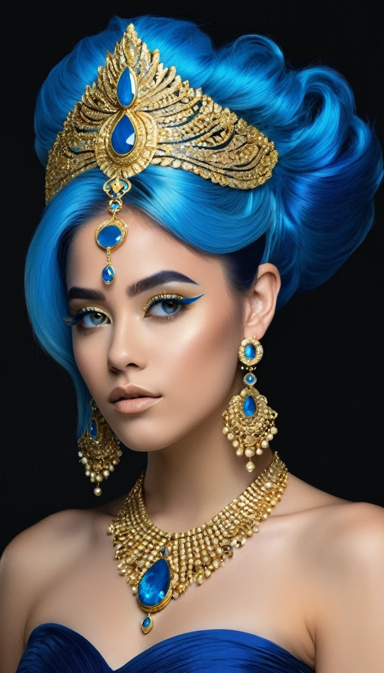 The image portrays a young woman with striking blue hair, adorned with a golden headpiece that features a large blue gemstone at the center. Her eyes, a matching shade of blue, are accentuated with gold eyeliner and complemented by gold earrings. She is wearing a blue dress with gold accents, including a necklace and a bracelet, both of which have blue gemstones. The background is a gradient of blue and gold, enhancing the overall ethereal and elegant theme of the artwork. The style of the image is reminiscent of digital art, characterized by its smooth lines, vibrant colors, and attention to detail.