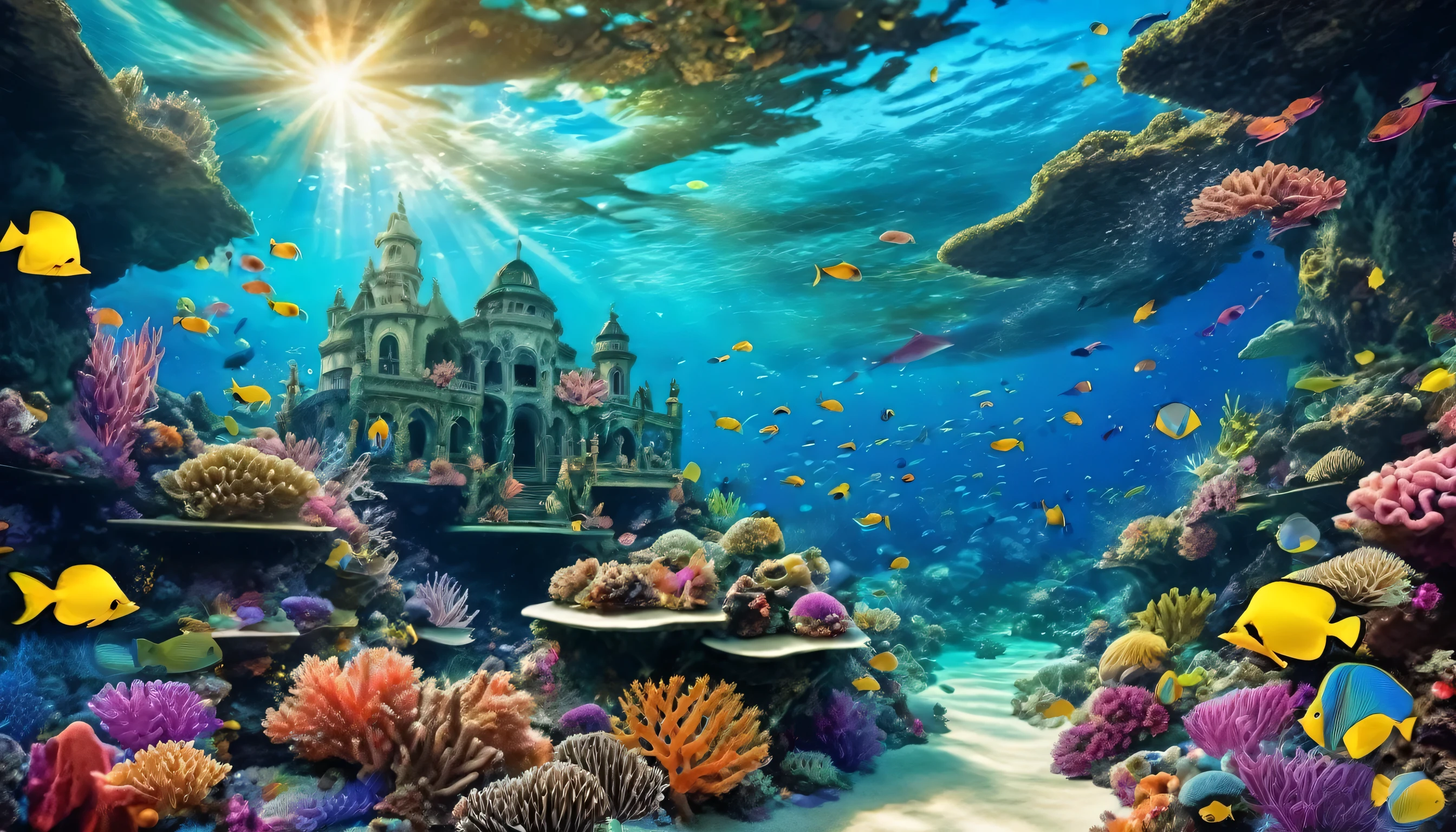 An underwater kingdom teeming with colorful fish, coral reefs that glow in the dark, and mermaids swimming gracefully through the water.