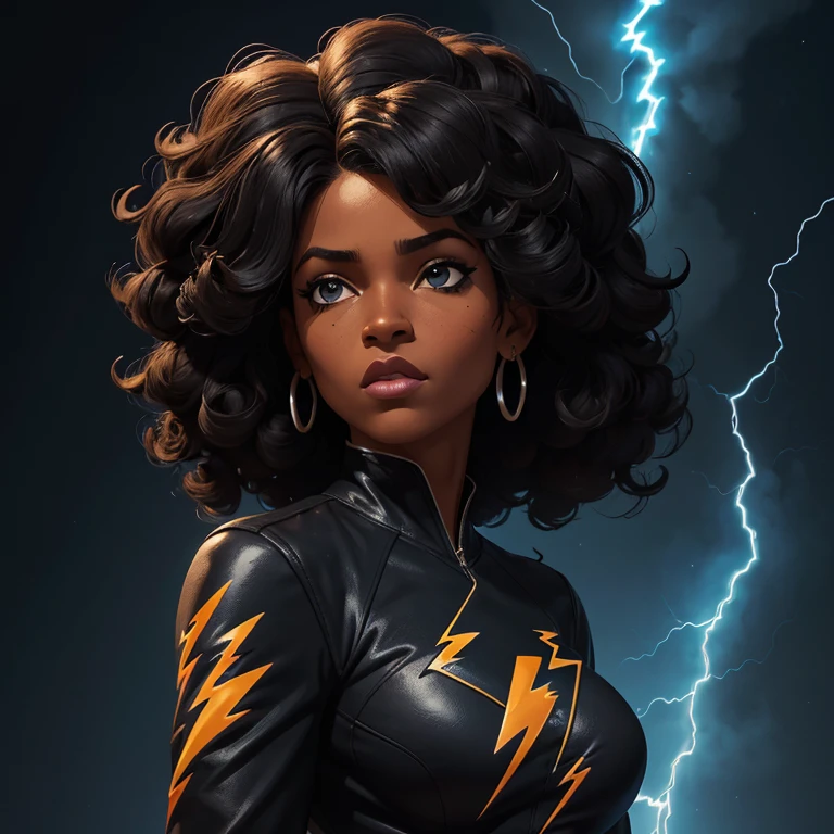 (Personagem feminina preta estilo jogo free fire)), ((mulher arafada))((African American Asian)), ((Com cabelo preto cacheado preso com algumas mechas soltas)), ((E uma blusa preta de manga comprida comprada de gola alta escrita Garota)),((She is facing the camera looking to the side, black and blue lightning background))Garota negra, com cabelo cacheado e parece bastante volumoso.The natural style of curls suggests that the hair has a texture that holds the shape of the curls well. Dark brown eyes black image background with blue lightning without much chest, com. Os olhos um pouco fechado