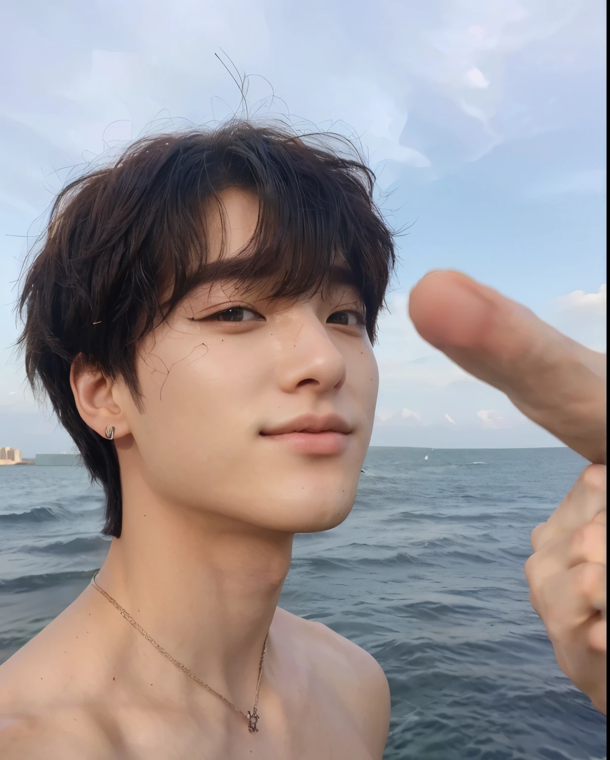 , brown hair, handsome, young japanese boy,high school student, naked,The penis is beautiful and hairy.., sitting on the beach,Ultra realistic images.