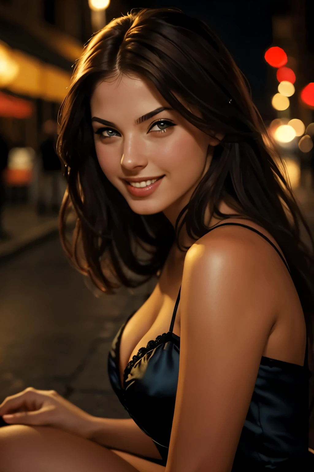 (sharp focus:1.2), photo, attractive young KariSweets , (beautiful face:1.1), super cute and fun, detailed eyes, luscious lips, (cat eye makeup:0.85), (smile:1.2), wearing (dress:1.2) on a (night street:1.2). (moody lighting:1.2), depth of field, bokeh, 4K, HDR. by (James C. Christensen:1.2|Jeremy Lipking:1.1). by Frank Frazetta, by Luis Royo, by boris vallejo,