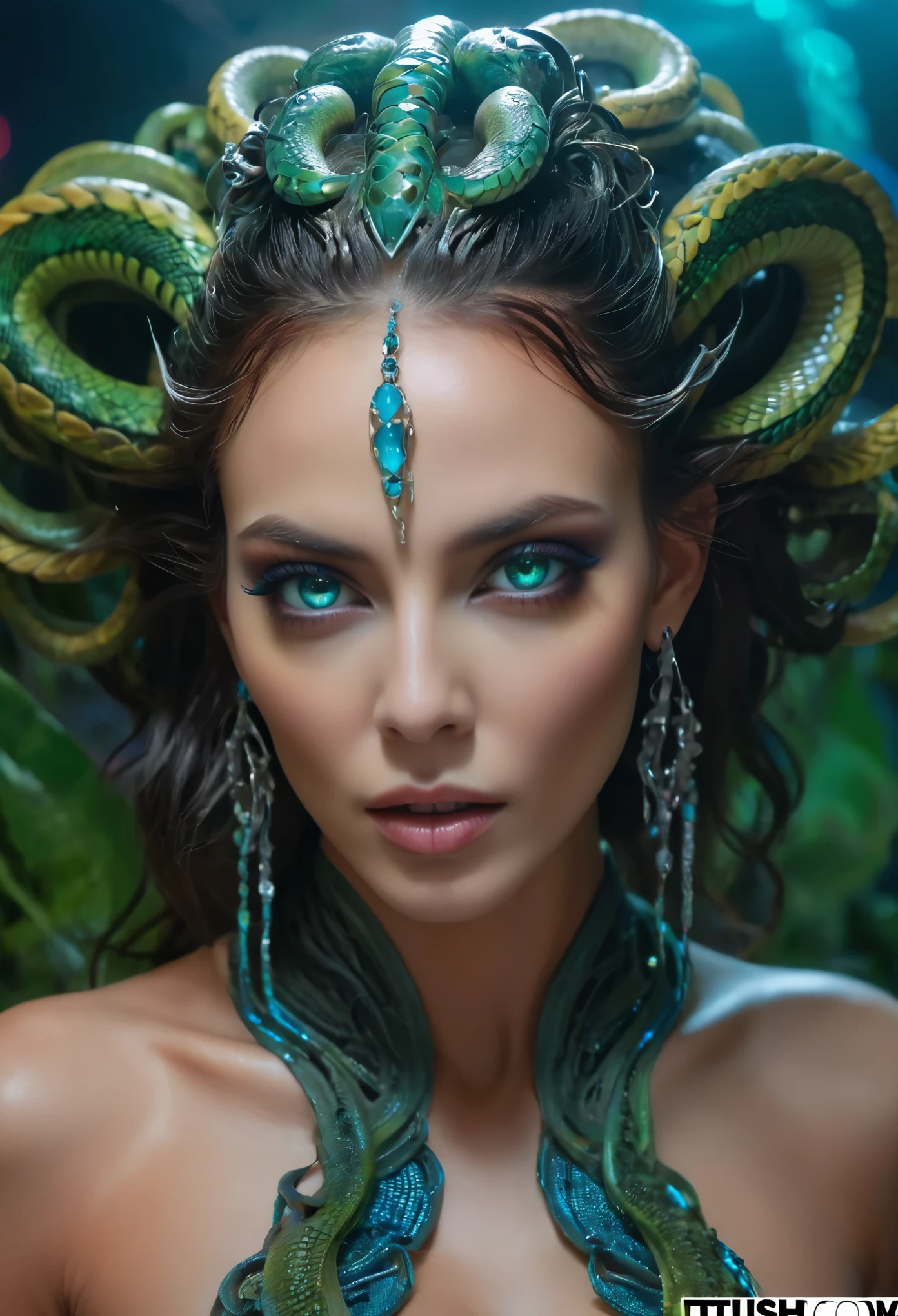 (high-res, vibrant colors, photorealistic), mesmerizing cyberpunk dark fantasy, Medusa in all her sinister beauty, with six serpent arms gracefully intertwined. Her radiant eyes, hypnotic and piercing, capture the essence of a demonic queen. The details of her face, meticulously crafted, reveal every delicate scale and unique pattern. The atmosphere surrounding her is filled with an otherworldly aura, bathed in a mix of neon lights and shadows. The backdrop resembles a movie scene, with hints of an ominous underworld. This portrait presents a close-up shot, focusing on the captivating visage of the goddess, portraying her as a captivating and formidable presence in the realms of darkness.