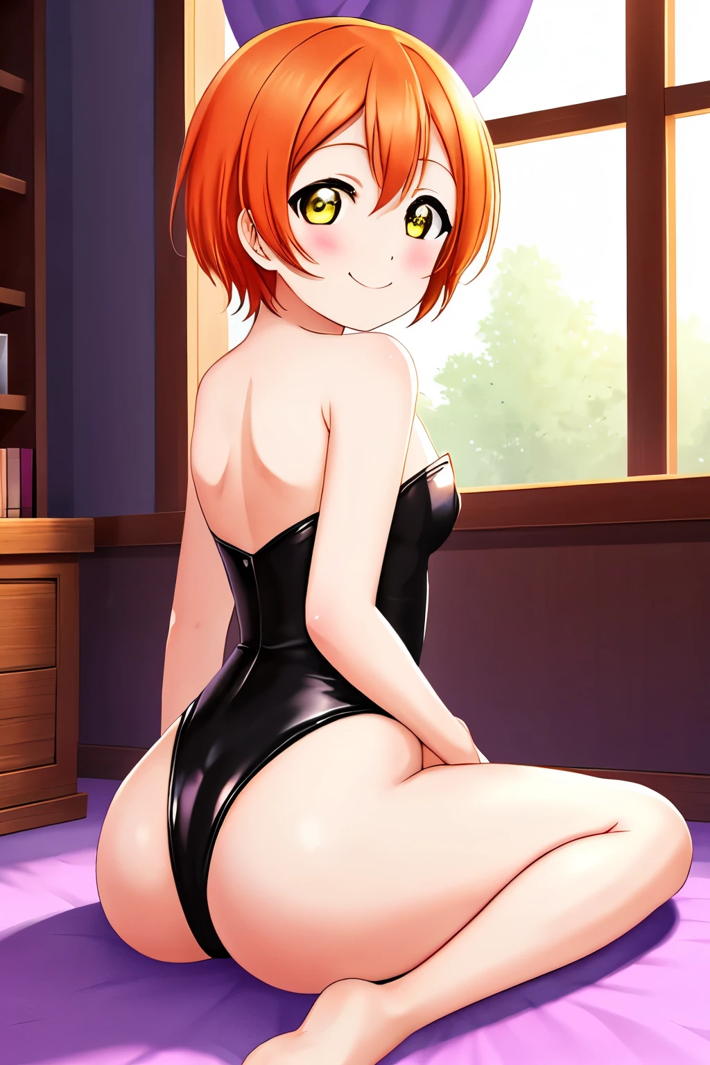 Masterpiece, best quality, Hoshizora rin, orange hair, yellow eyes, solo, from behind, strapless leotard, looking at viewer, wariza ,ass, sitting on knees , sexy smile